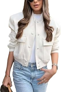 Megfie Women's Cropped Bomber Jacket: Button-Down Varsity Shacket with Pockets, Lightweight Fall Style