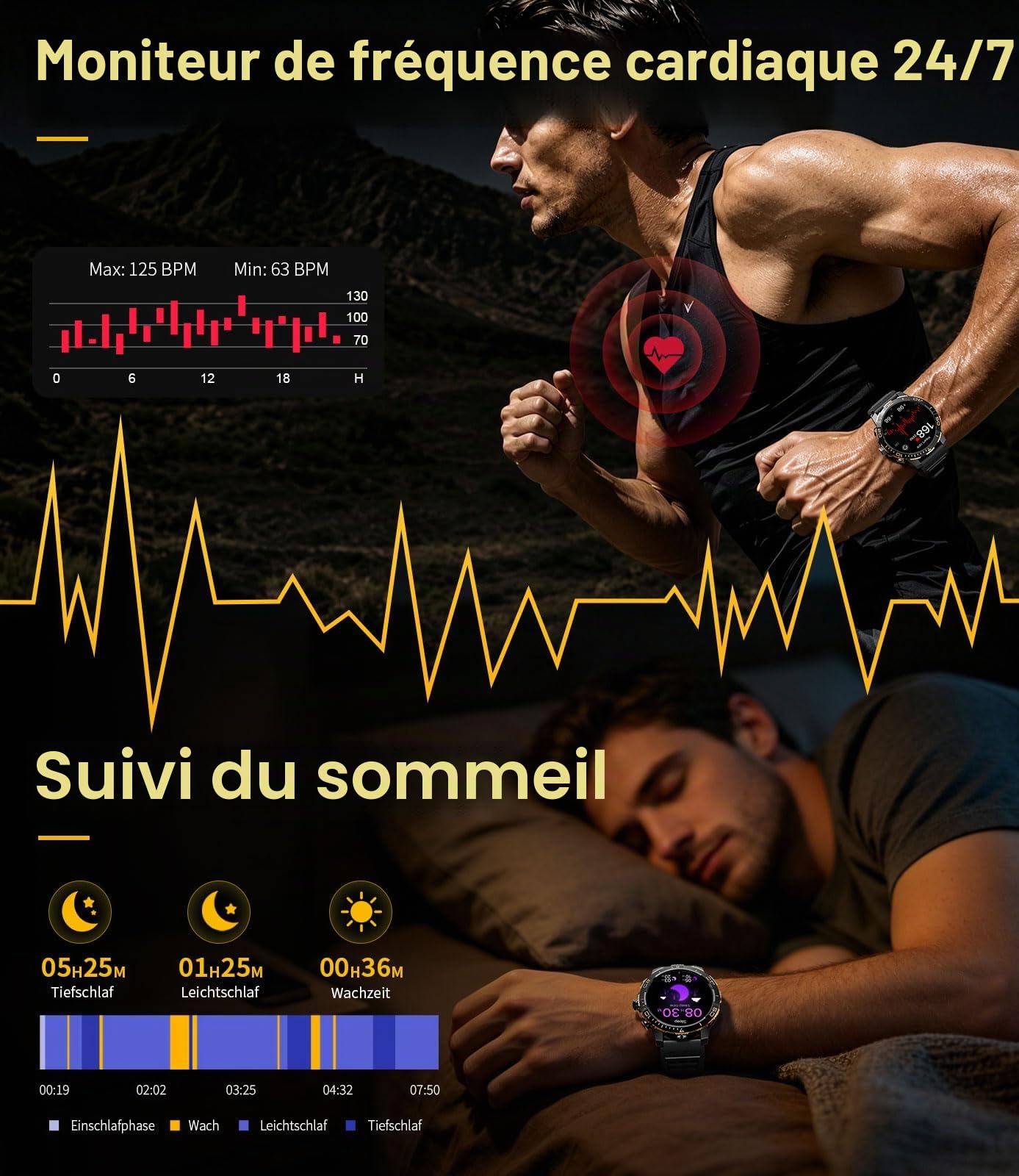 Montre Connectée Homme, Batterie 800mAh Smart Watch avec 1.43‘’ AMOLED Écran Appels Bluetooth, 200 Modes Sportifs, IP68 Étanche, LED Lampe, Cardiofréquence, Sommeil, iOS Android Noir