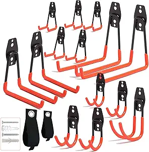 16PCS Garage Hooks Heavy Duty, Steel Storage Utility Hook, Garage Organization Tool Shelf Have Anti Slip Coating for Organizing Power or Garden Tools, Bike, Cable Organization, More Equipment