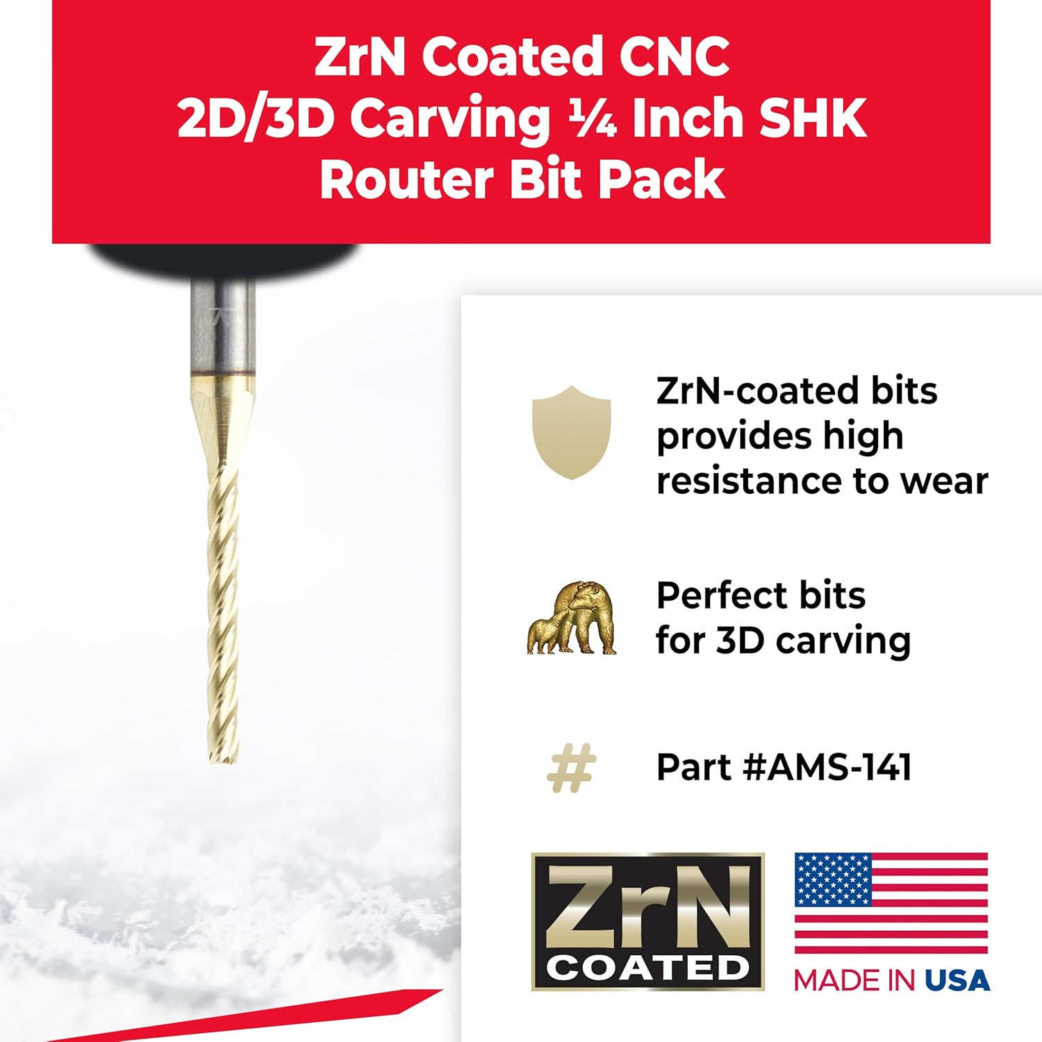 Amana Tool Up Cut Spiral CNC Router Bits Set for 2D/3D Carving Ball Nose, ZrN Coated, AMS-141, 4-Pc, 1/4 Inch Shank, 1/16, 1/8, 1/16 and 1/8 Diameters