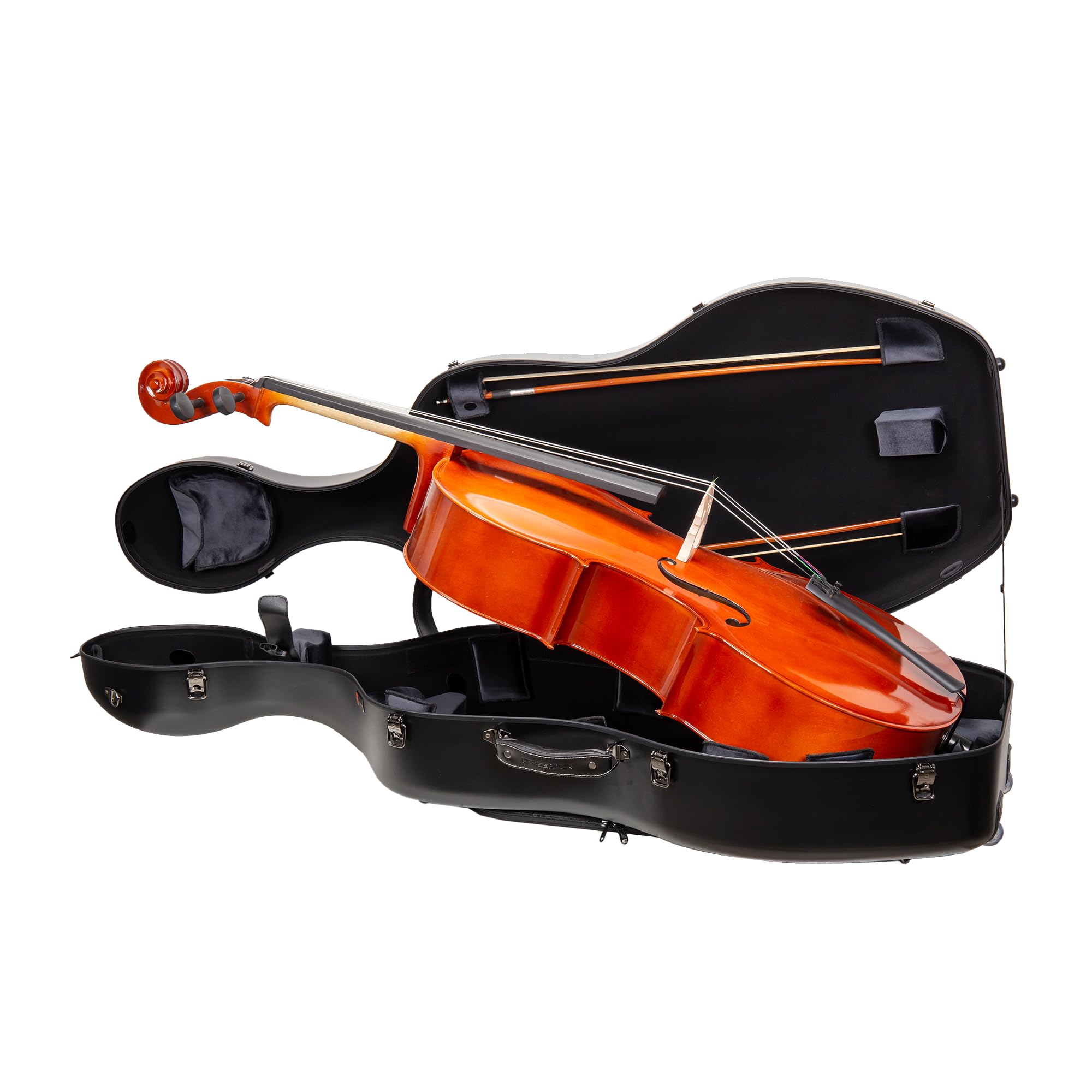 Valise rigide Poly Carbon pour violoncelle 4/4 | Coque noire résistante aux rayures, intérieur velours noir, roulettes, pochette à partitions – Série Protection Légère