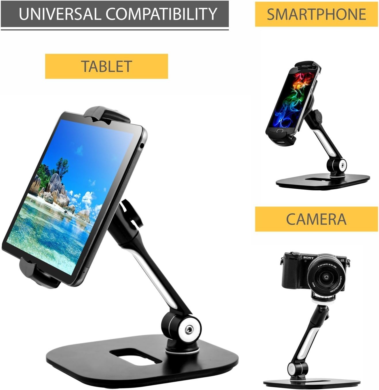Ipad Stand - Tablet Stand - Ipad Table Stand for Home or Office - Tablet Holder Fits 7-11 inches Samsung iPhone Ipad Air Mini Tablets and Phones - with Camera Adapter