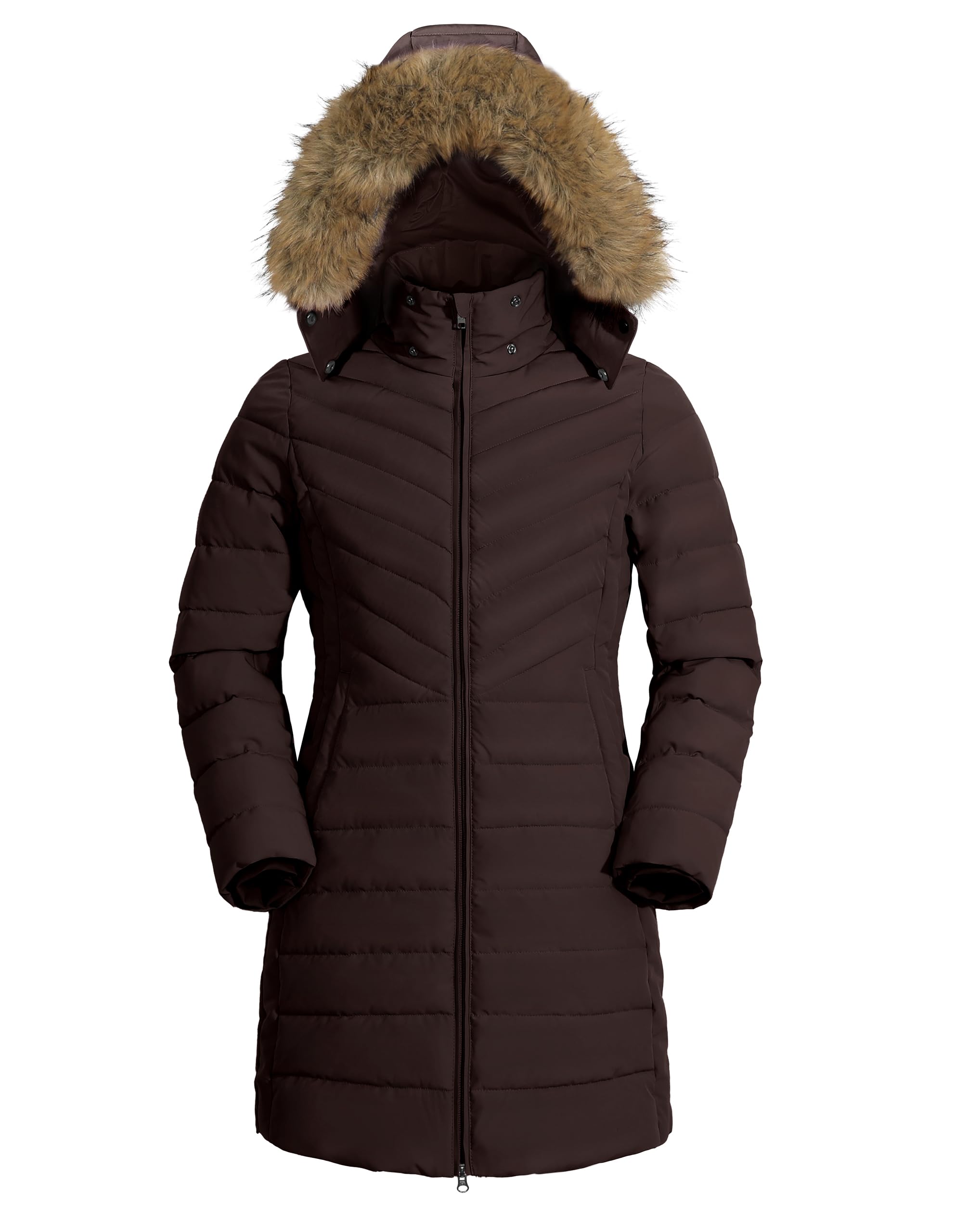 Pioneer Camp Wintermantel Damen Lang mit Kapuze Tailliert Warm | Abnehmbare Kapuze, Winddicht und Warm, Zwei-Wege-Reißverschluss, DWR-Wasserabweisende, 3 Taschen, ideal für Alltag und Stadt