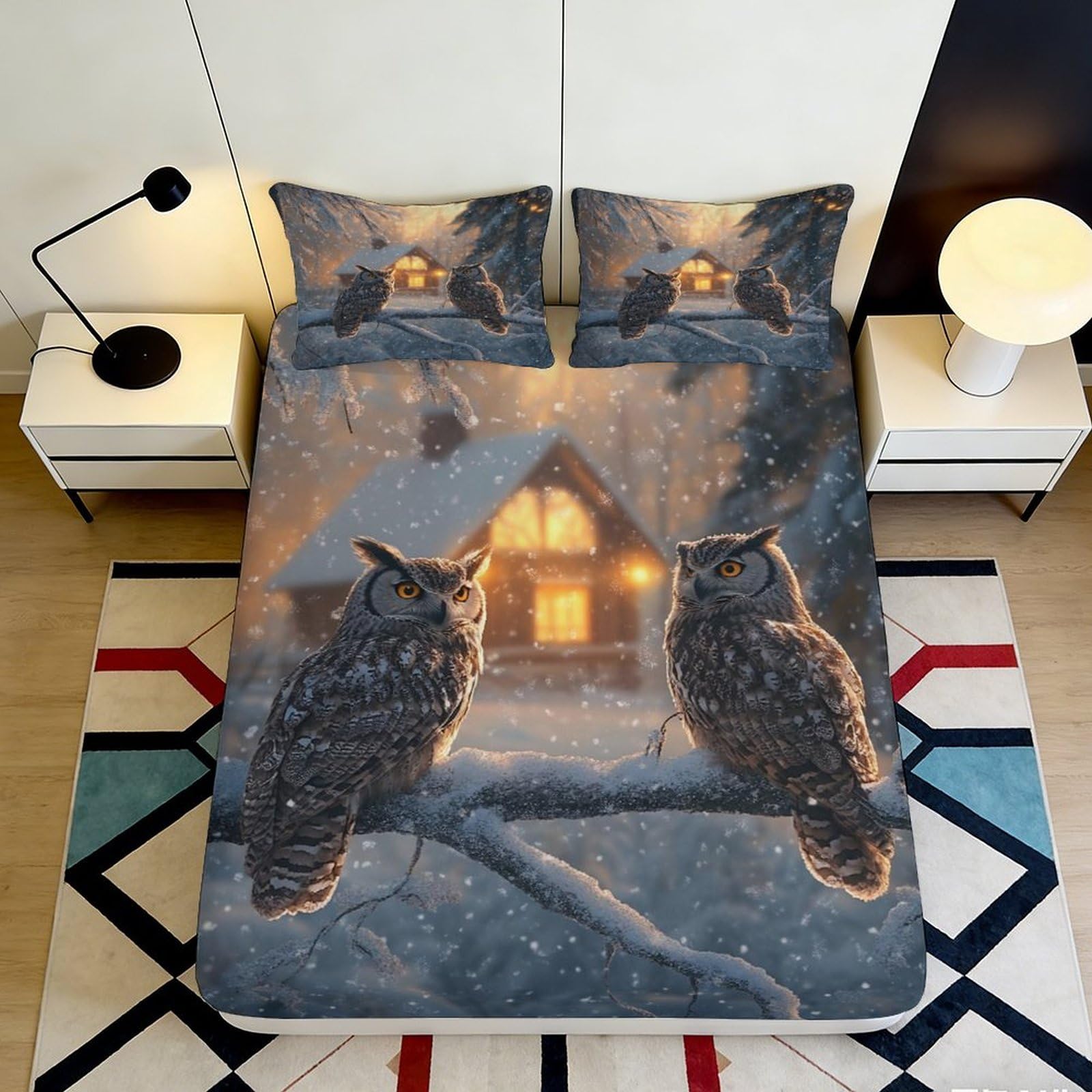 3D Printed Winter Owl Fitted Sheet Microfiber Soft Mattress Cover Snowy Night Bed Decor for Bedroom Guestroom 90x200x25cm