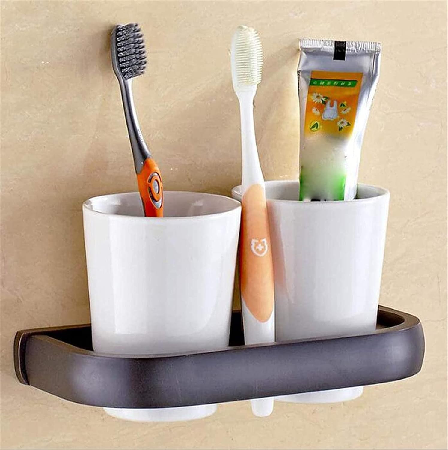 Portavasos para cepillos de Dientes， Accesorios de Montaje en Pared for baño, portavasos for Cepillo de Dientes de Bronce Retro Negro, portavasos Doble con Taza de cerámica Antigua(Schwarz)