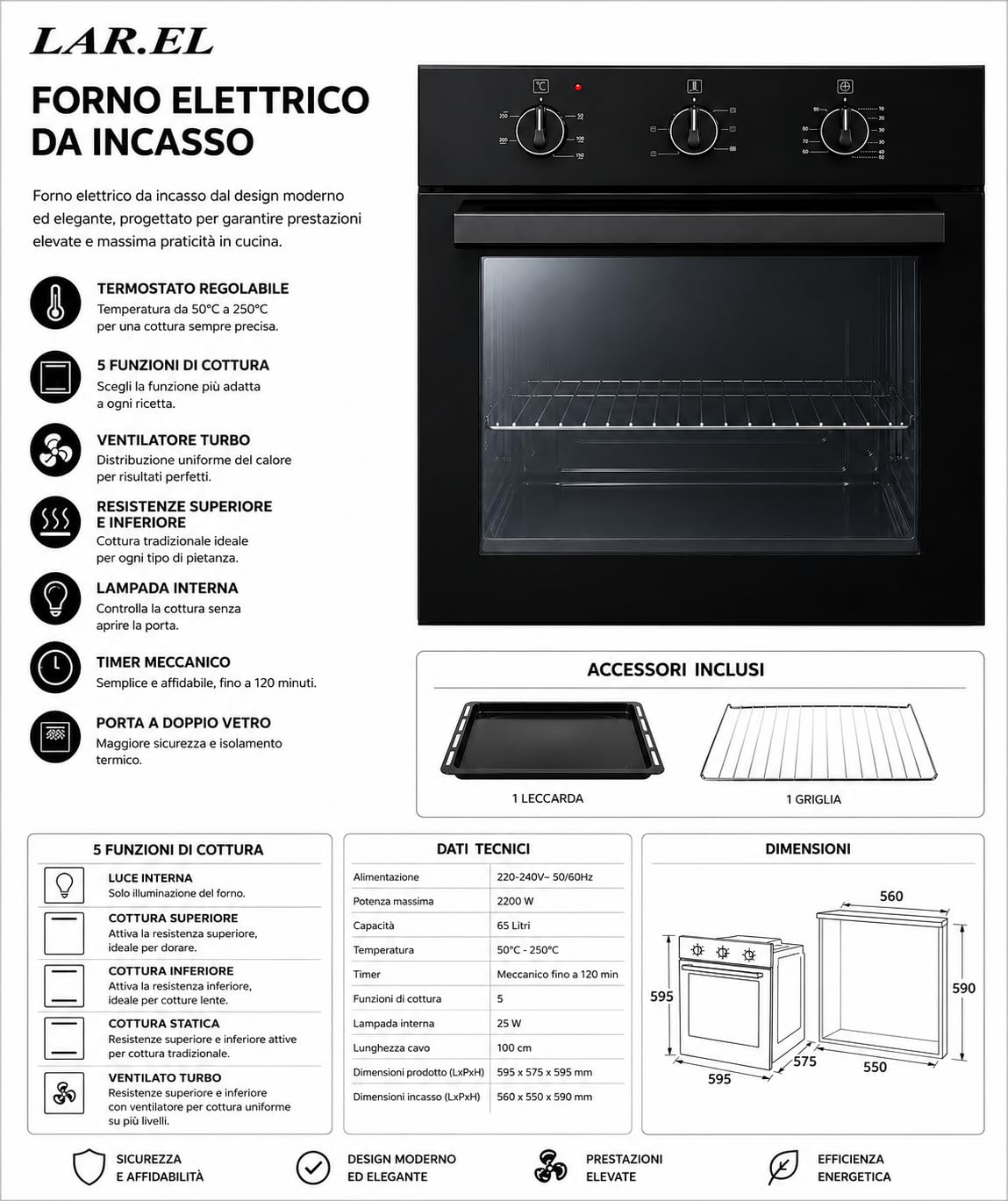 Forno da Incasso NERO LAR.EL 60 cm Elettrico Ventilato Turbo 5 Funzioni con Termostato Timer Meccanico Luce Interna Doppio Vetro Leccarda e Griglia