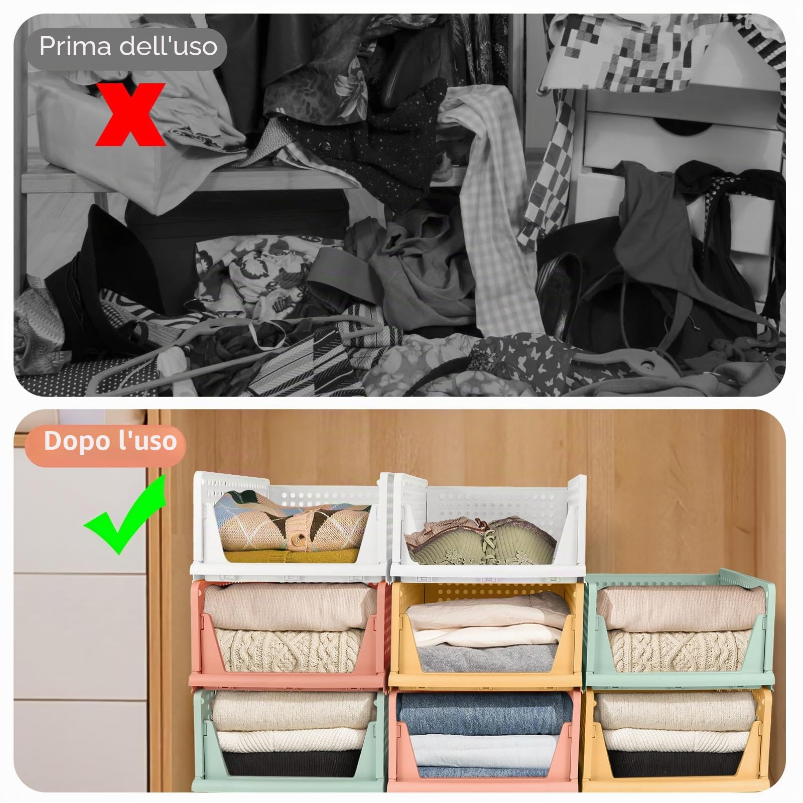 Diealles Shine Organizer Armadio Cassetti, 8PCS Impilabili Pieghevoli per Guardaroba, Plastica Cassettiera per Armadio per Casa, Camera Da Letto, Cucina(Colore)
