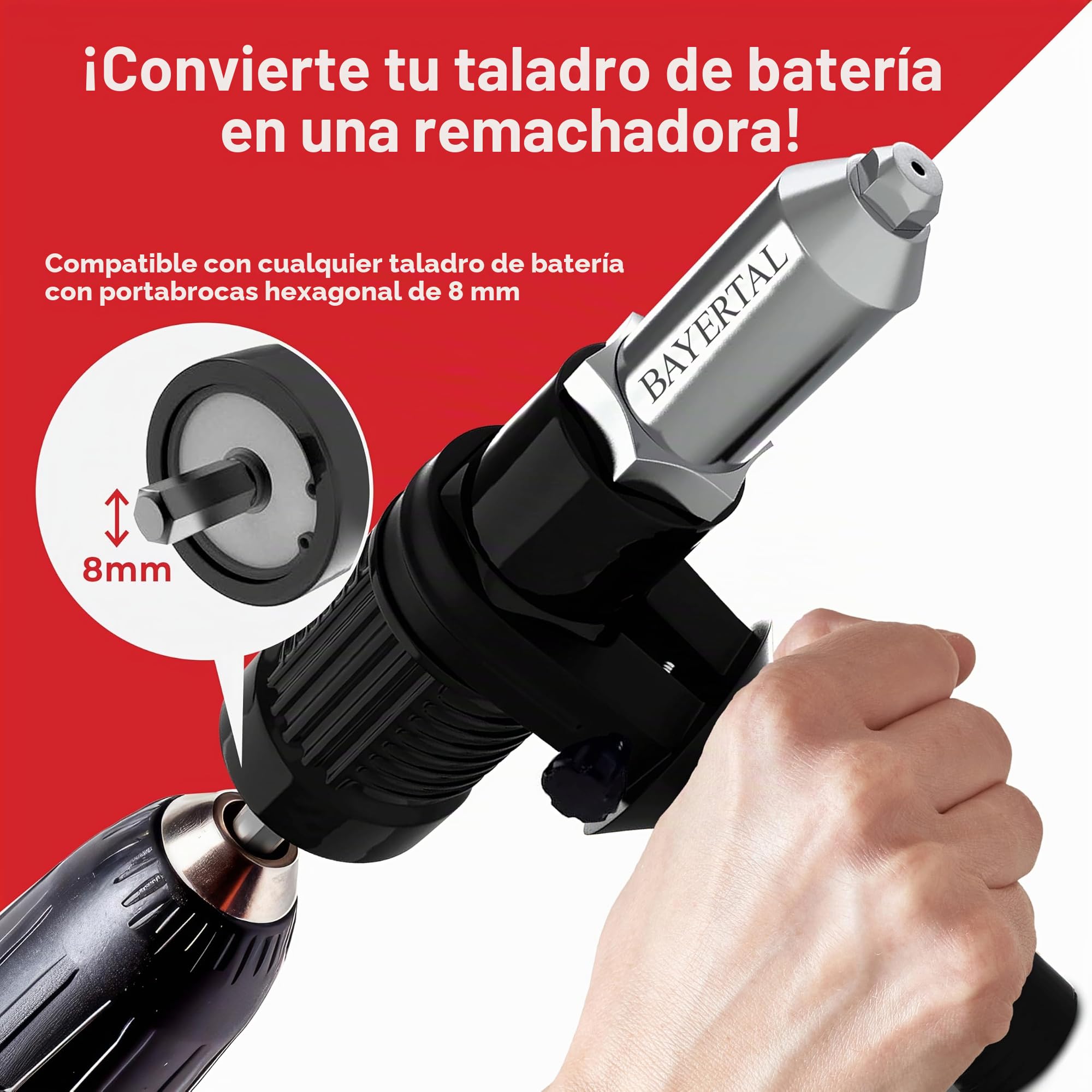Juego de remachadora para taladros y atornilladores – 4 boquillas – Adaptador de remaches ciegos para metal, plástico y cuero – Construcción robusta – Alicates remachadores Premium