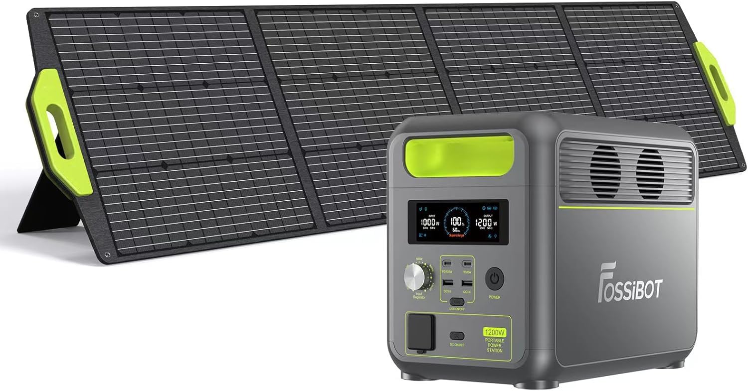 FOSSiBOT Estacion de energia portatil F1200,1024Wh LiFePO4,con 2 Salidas AC de 1200W(Power Lifting 2400W),100W Typ-C, Carga Rápida de 49min.de 0-80%,Generador Solar para hogar/caravanasa/campada