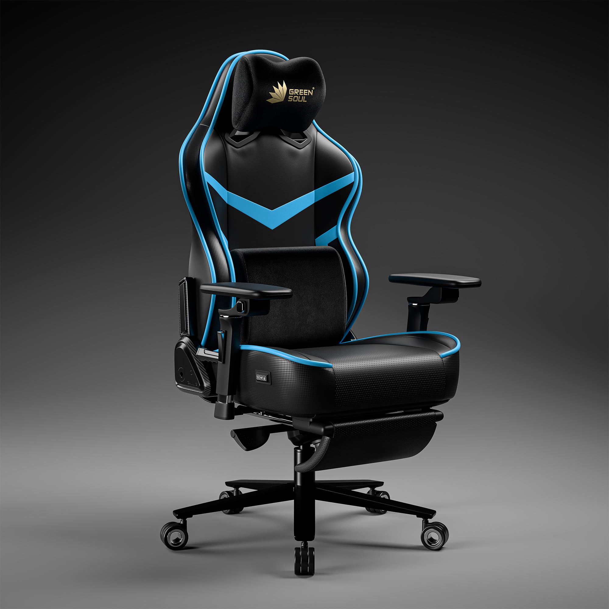 Green Soul Monster Pro | Gaming & Office Chair | Ventilated Seats, Massager & ErgoCurve Legrest | Memory Foam Magnetic Neck & Lumbar Pillow | 5D Adjustable Armrests | Silent Wheels (Blue & Black)