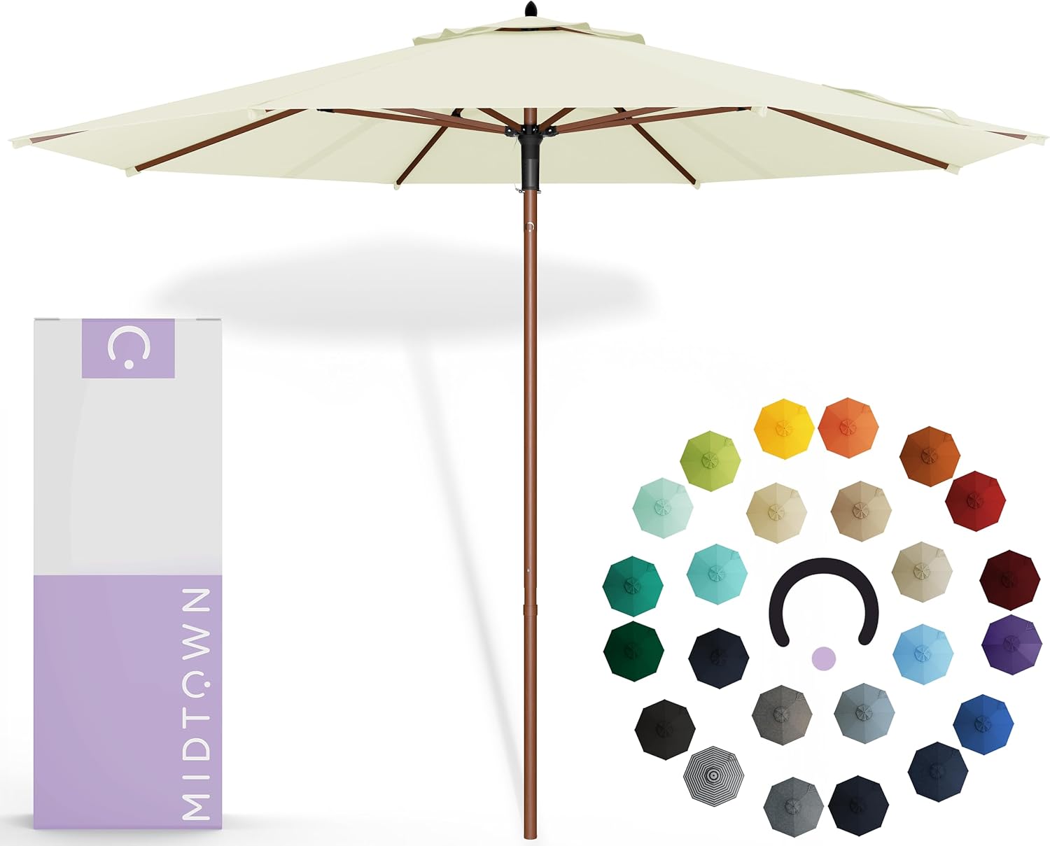 Midtown Umbrellas The Wooden 9 Feet Patio Umbrella With Sunbrella Canvas Natural Acrylic Fabric - Aluminum Frame Market Umbrella For Backyard, Deck, Garden, Pool - Wooden Pole