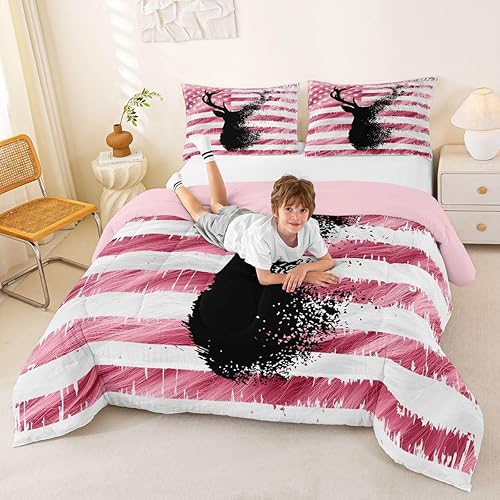 Miniatura 7 de Feelyou Juego de edredón de piel de vaca rosa y blanca para niñas y niños, edredón de animales salvajes y ciervos, decoración de habitación, juego