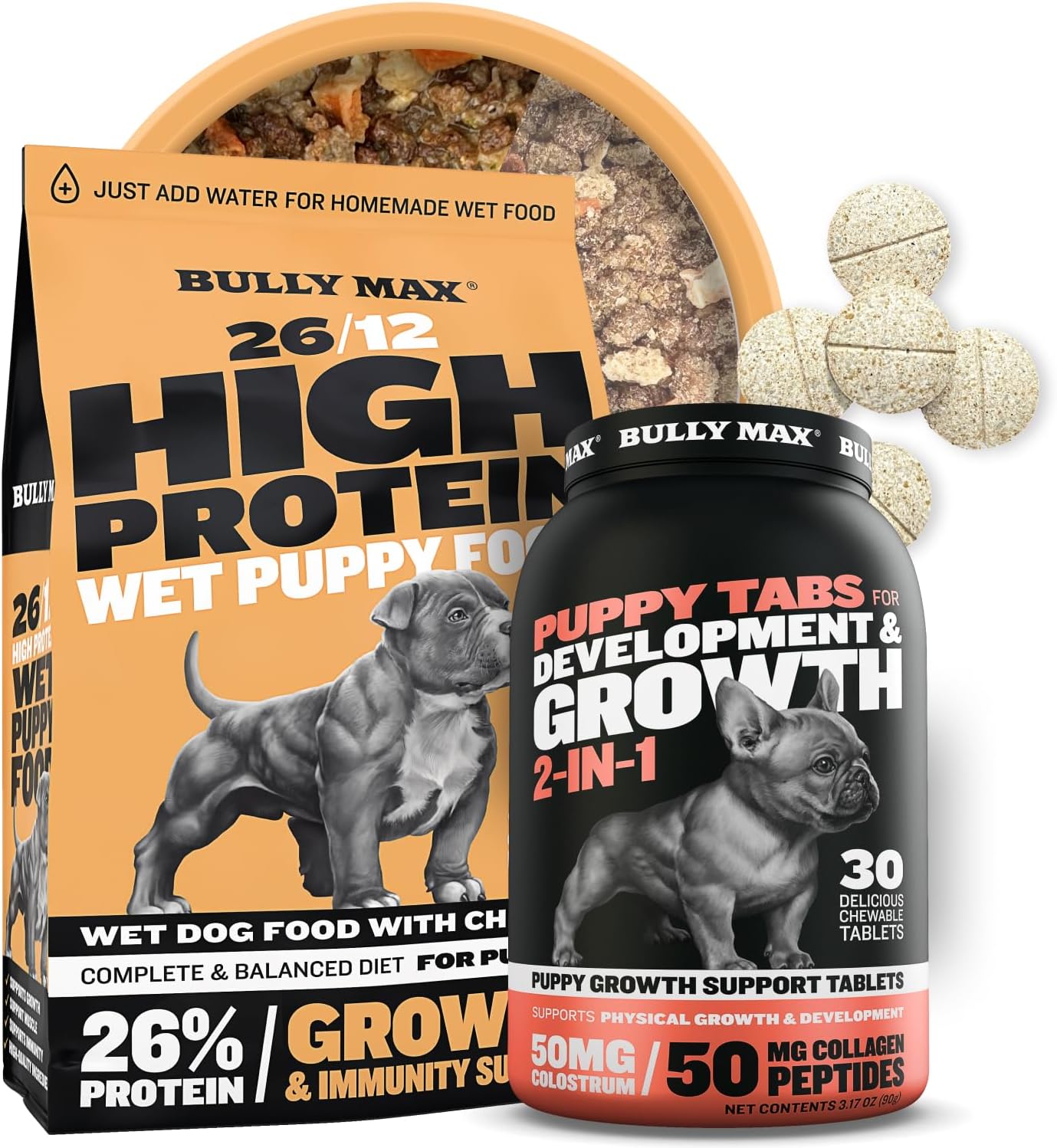 Bully Max Puppy Growth Bundle - High-Protein Wet Food (2 lb. Dry, Makes 5.5 Wet Food) & Puppy Vitamins (30 Chew Tabs) - Strong Bones, Healthy Growth & Shiny Coats for Small & Large Breed Puppies