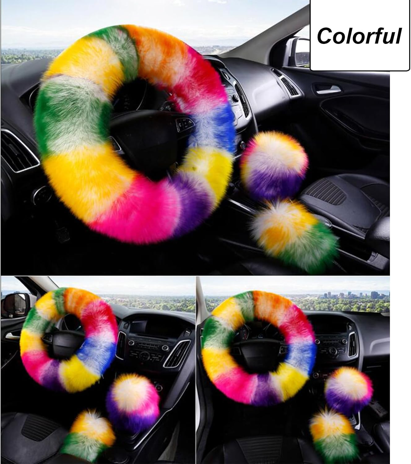 Car Steering Wheel Cover Gear Shift Handbrake Fluffy Cover for Women/Ladies Pure Wool Universal Fit 15 Inch 1 Set 3 Pcs (Colorful)