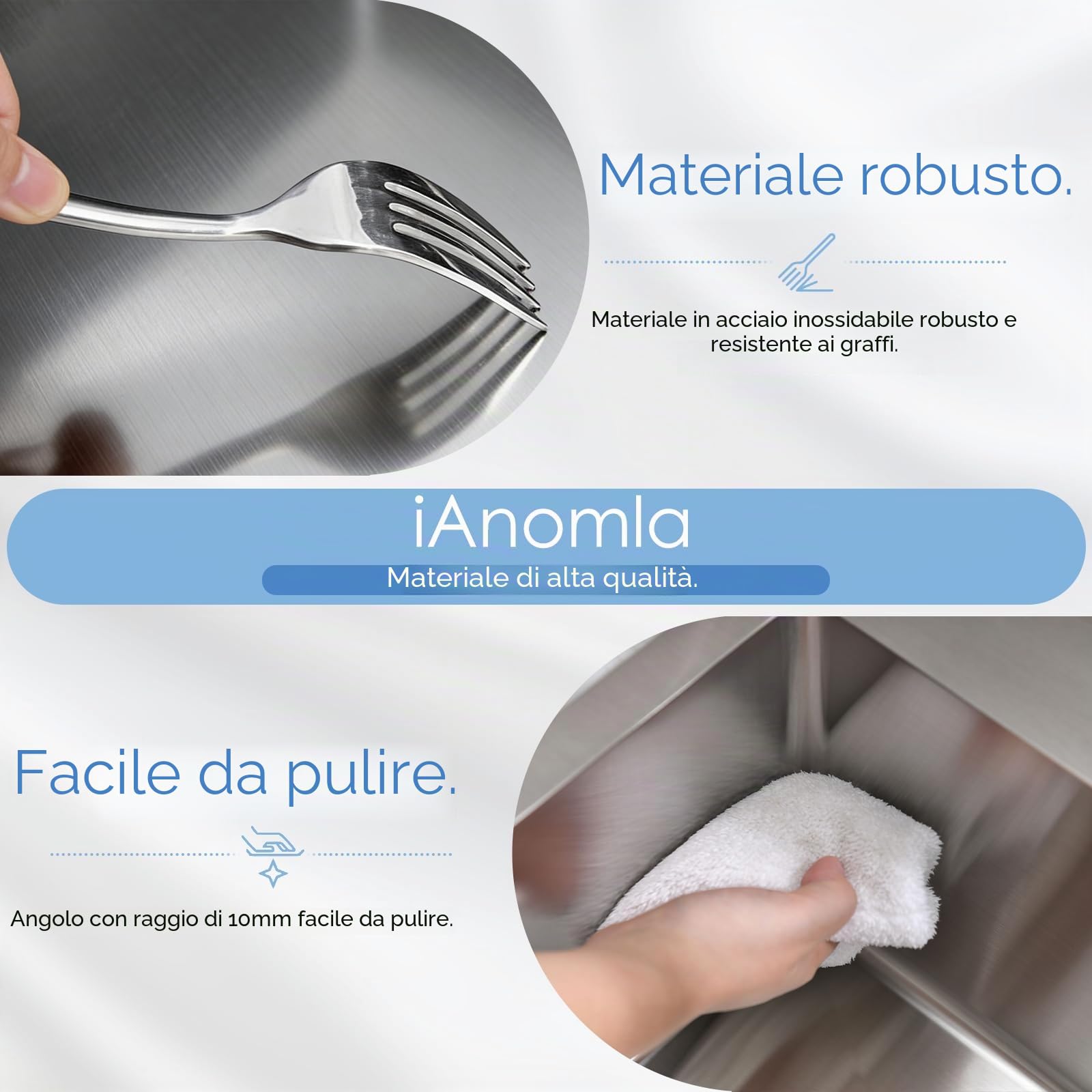 Lavandino Cucina Brushed, 35x50 cm, Lavello Cucina 1 Vasca in Acciaio Inox, Lavello da Esterno per Camper con Set di Drenaggio e 2 Fori di Preforato, Installazione a Sopratop o Filotop