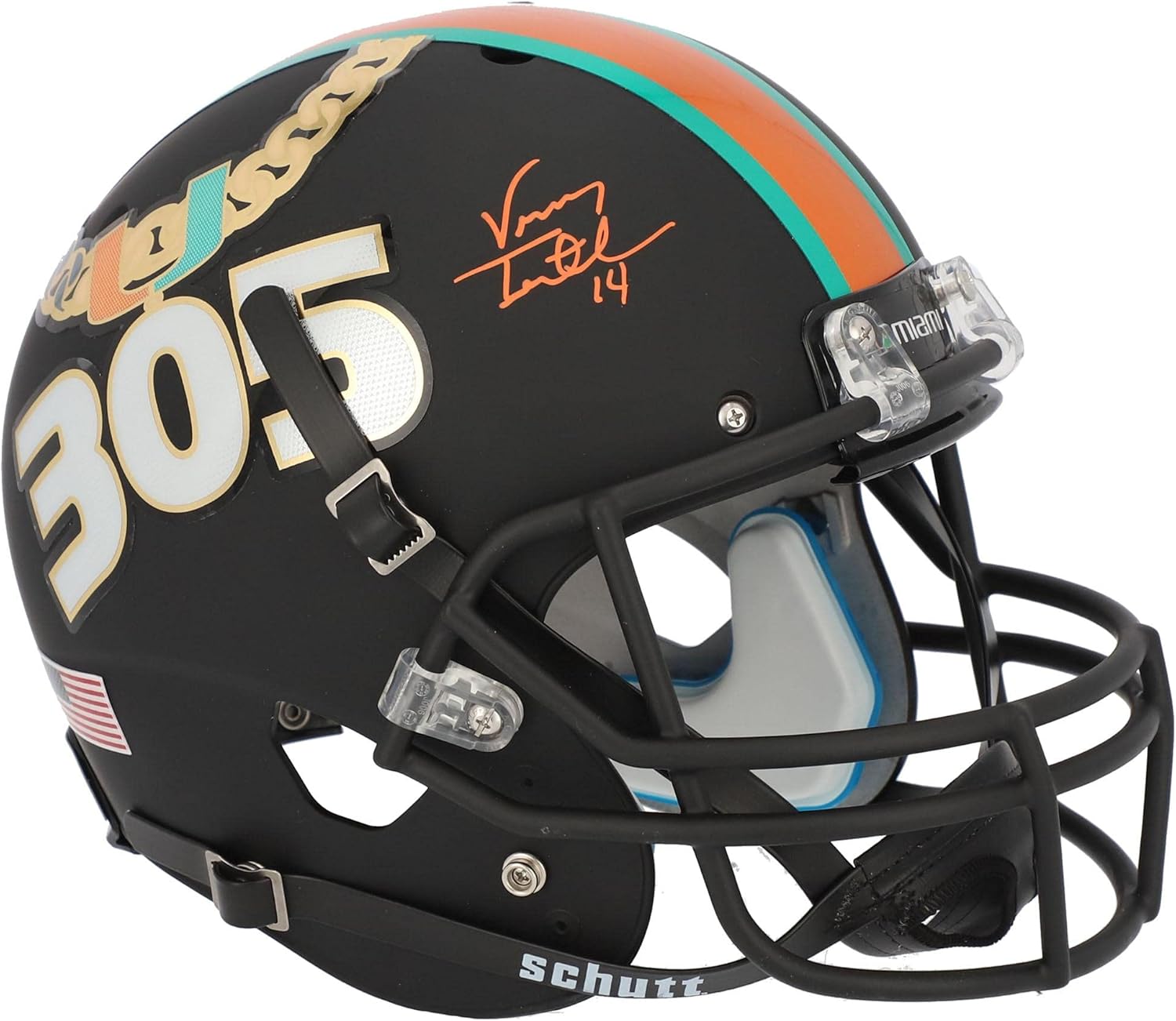 Vinny Testaverde Miami Hurricanes Autographed Fanatics Exclusive Schutt Sports Turnover Chain Tradition Alternate Replica Helmet - Autographed College Helmets
