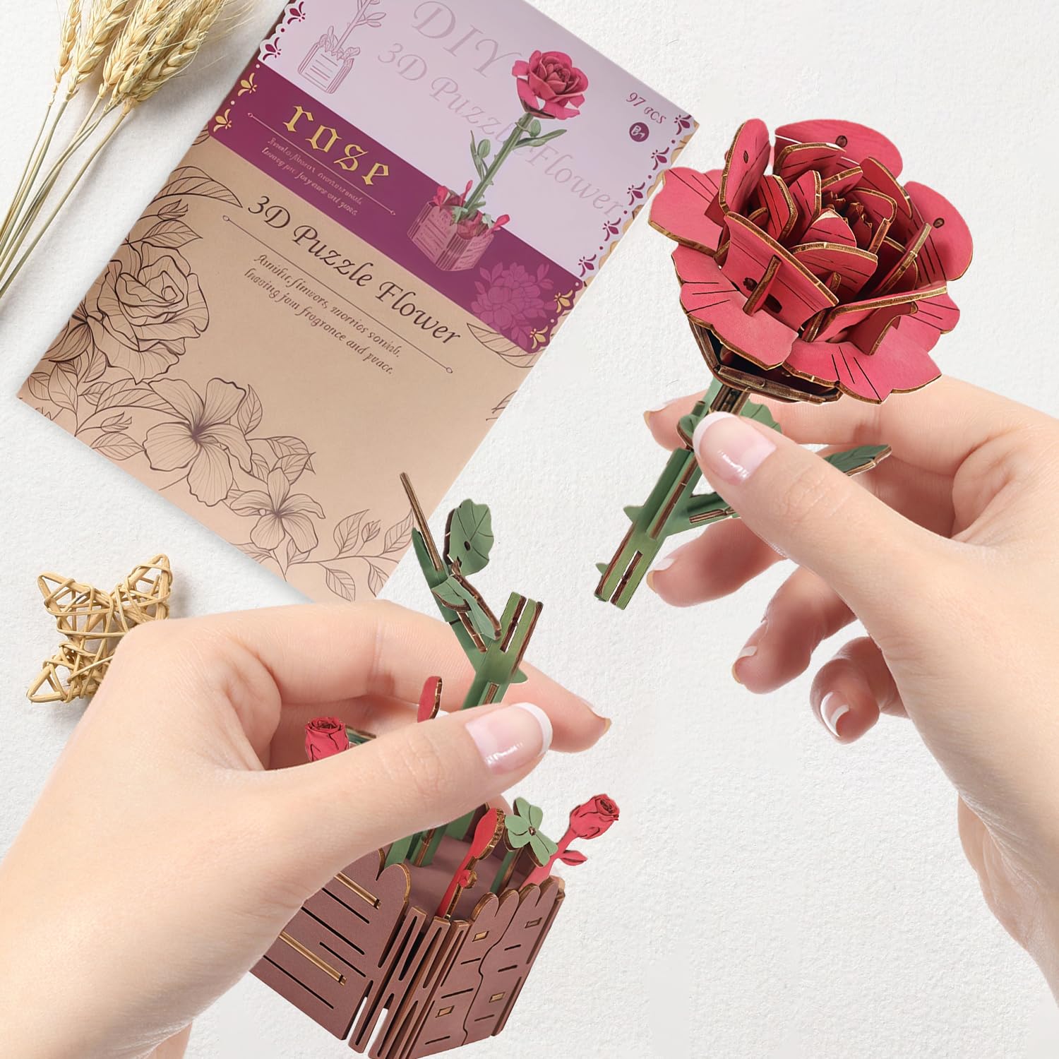 Wooden Bloom 3D Puzzle for Adults DIY Flowers Bouquet Assembly Model Kit with No Tools, Home Decor Gift for Women (Rose) - Image 4
