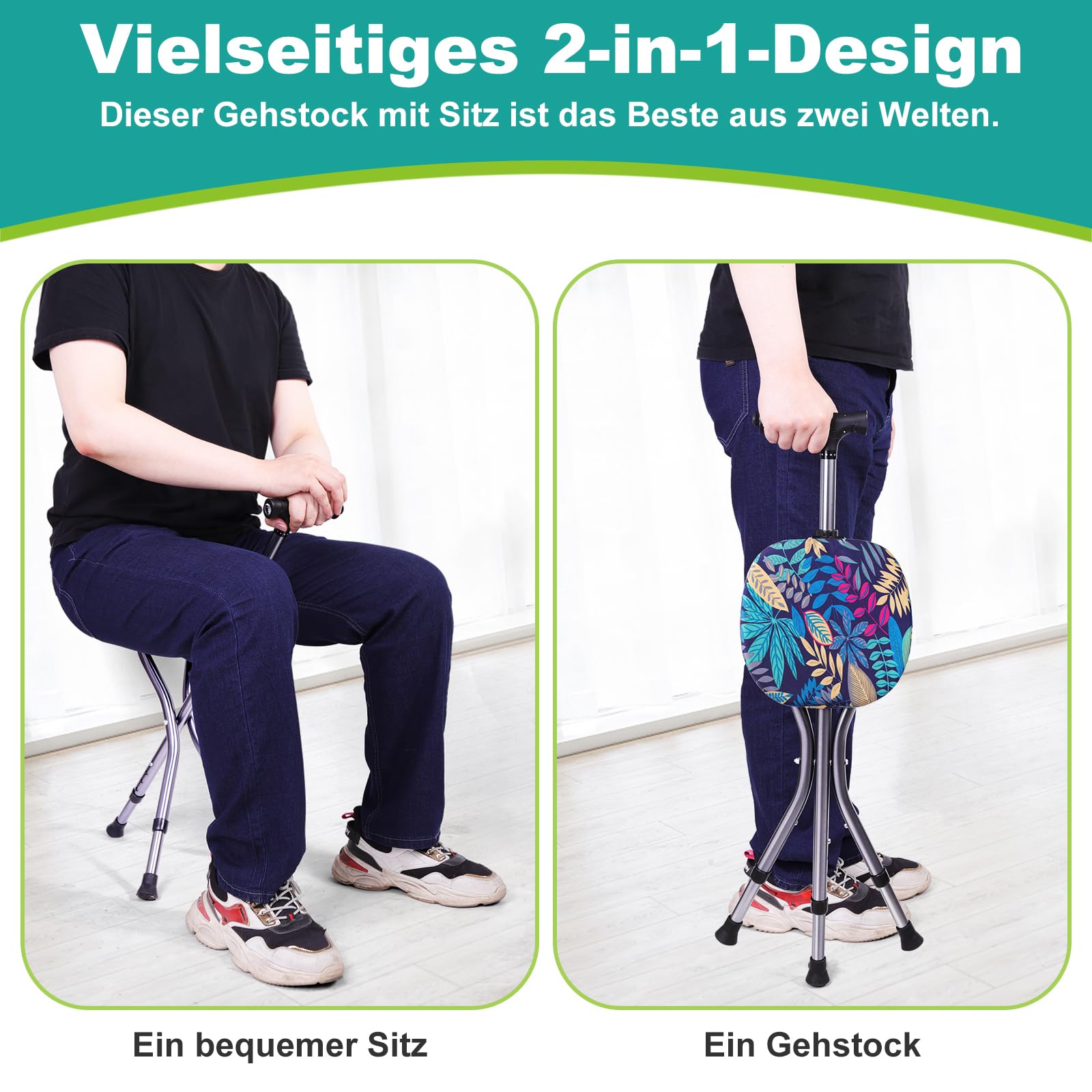 Gehstock mit Sitz, Faltbarer Spazierstock Leicht mit 3 Füßen, Höhenverstellbarer Gehstock für Senioren für Erwachsene, Senioren und Rehabilitationsmenschen