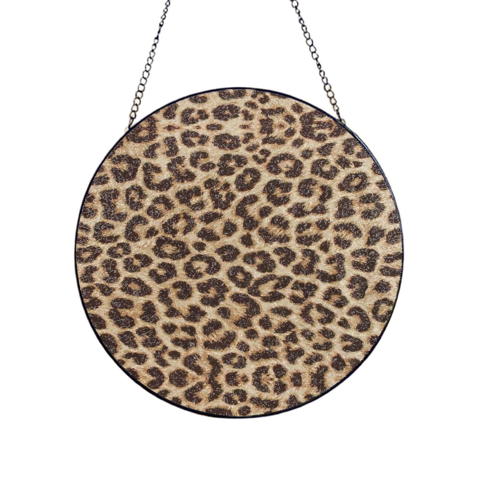 Phayah Leopard Pattern Print Glass Window Hanging Round Suncatcher Glass Ornament Garden Wall Fence Decorations Indoor Outdoor 4in（10cm）