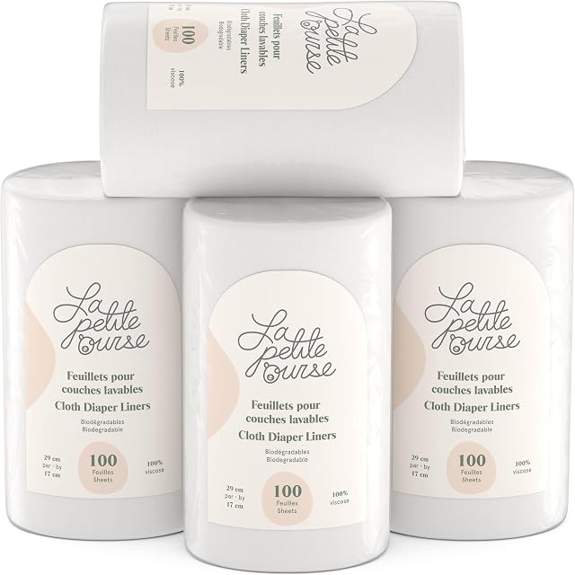 LA PETITE OURSE Linges de couches de vêtements – Rouleaux de liners de couches jetables au Canada – 400 Feuilles (4 Rouleaux x 100) – Biodégradable, sans parfum, sans chlore, 100% Viscose – 11.5 x 6.75 dans