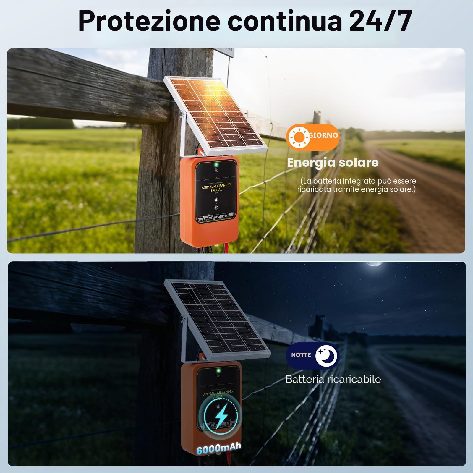 Elettrificatore per Recinti Solare 10km, 1.2J 12kV Caricabatterie per Recinti Ricaricabile con Pannello Solare & Adattatore AC, IP65 Impermeabile per Bestiame, Fattoria, Pascolo, Pollame
