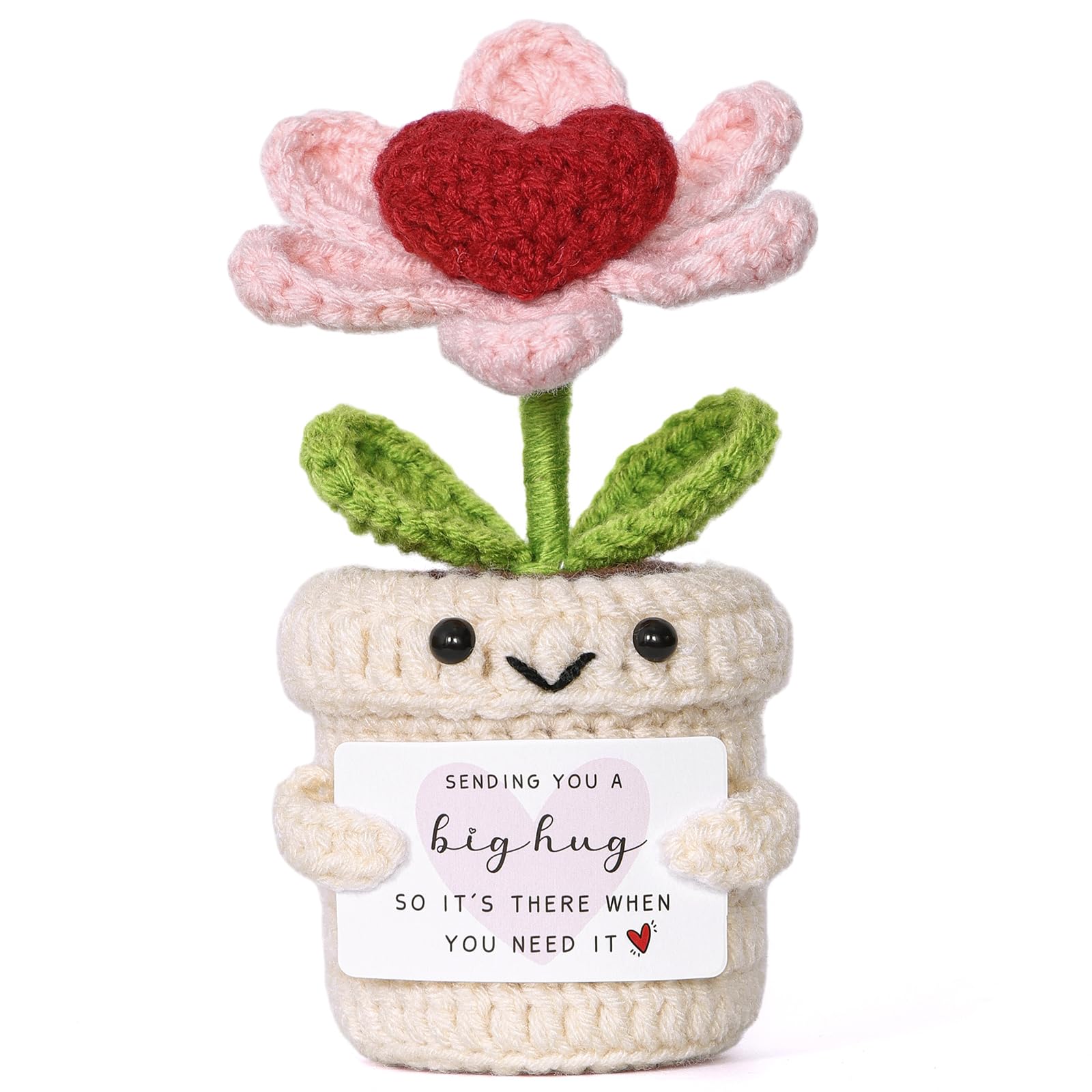 MEIVINES Handmade Positive Crochet Heart Flower with Encourage Card Emotional Support Knitted Plant Crochet Gift for Mum, Women, Men, Friend, Family Birthday Cute Stuff Desk Decor (Pink)