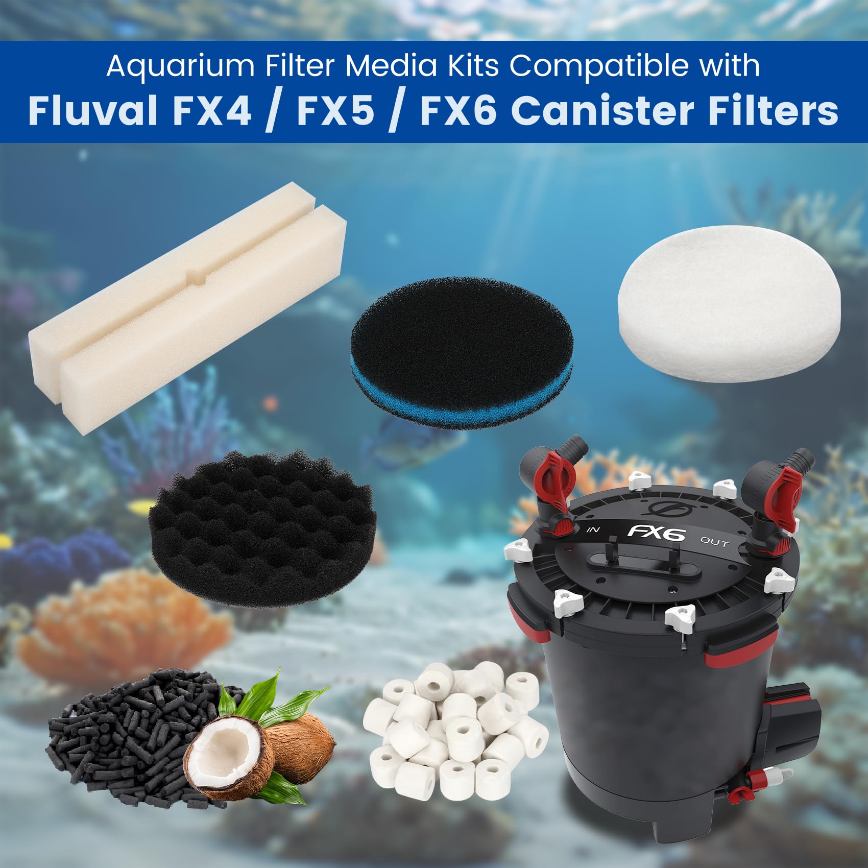 24 filtri Fx6, compatibili con filtri per acquari Fluval FX4/FX5/FX6, tra cui blocco in bio-schiuma, filtro in spugna di carbonio, anello in ceramica, borsa a rete