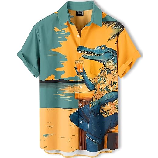Men's Hawaiian Shirt, Artistic Funny Animal Print, Short Sleeve Vacation Shirt, Tropical Casual Beach