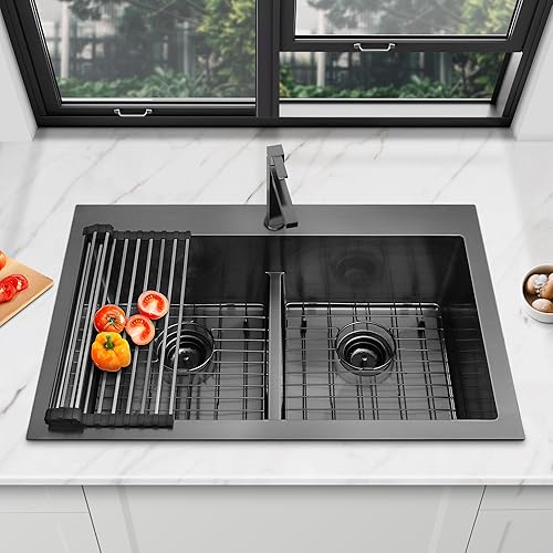 Vista 44 de LQS Fregadero de cocina dorado de 31 pulgadas, fregadero de cocina de acero inoxidable 50/50 de 31 x 18 pulgadas, fregadero de cocina de acero