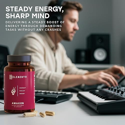 Miniatura 5 de ELEMENTA Awaken - Suplementos cerebrales para la memoria, la concentración y la energía  Melena de león, Panax Ginseng, té verde cafeína y taurina