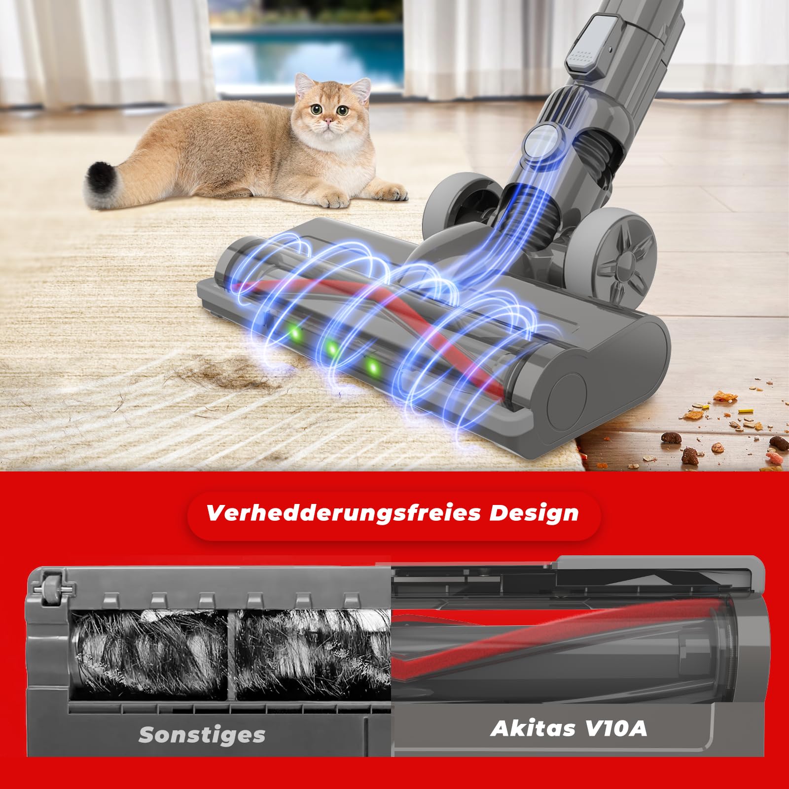 Akitas V10A Akku Staubsauger Kabellose mit 450W BLDC-Motor, 45kPa Saugleistung, 60 Min Laufzeit, LED-Bürste mit grünem Licht, Anti-Verhedderung, ideal für Teppiche, Hartböden & Tierhaare