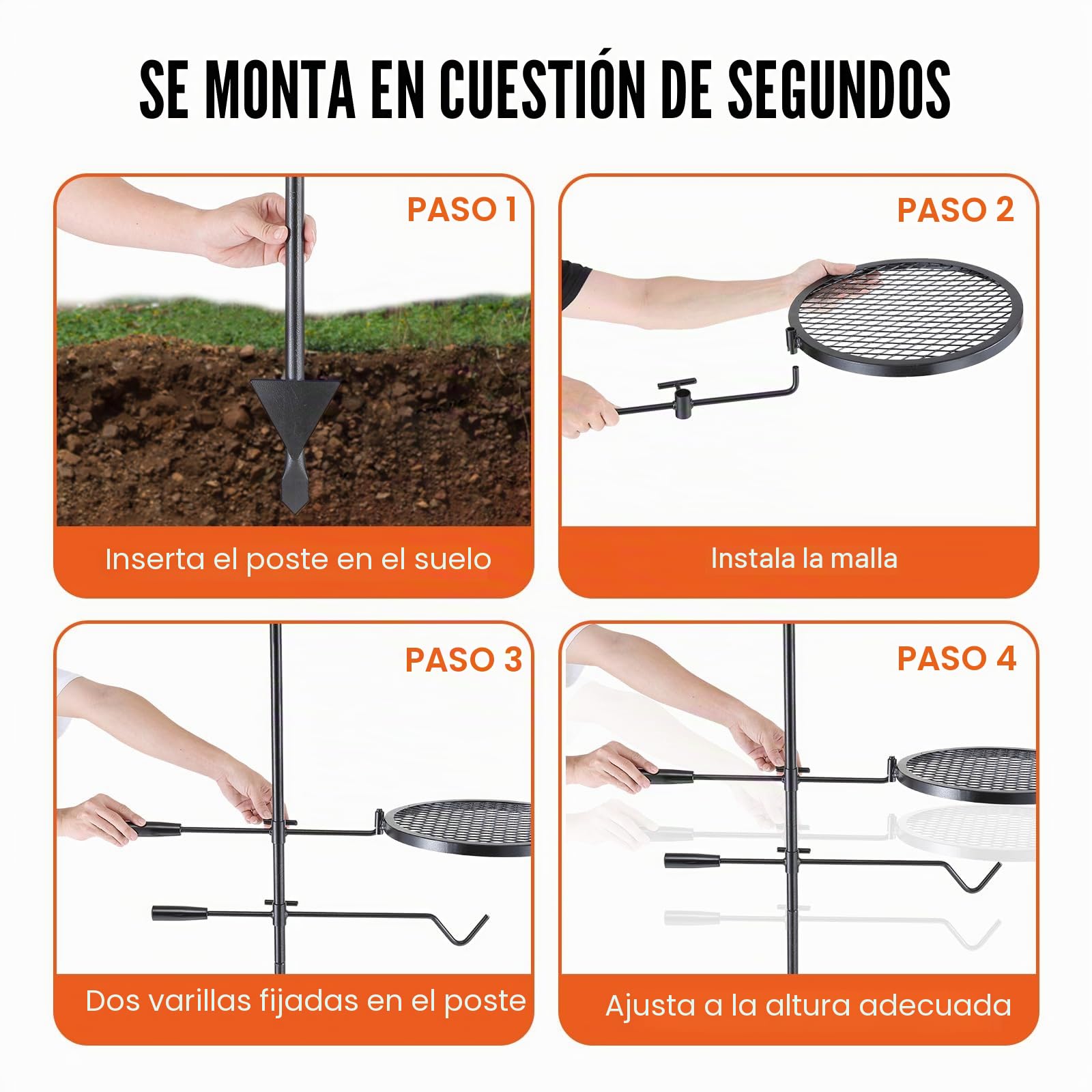 VEVOR Parrilla Giratoria para Fogatas Altura Ajustable 122,5 cm Parrilla Portátil de Acero Malla Diamantada de 36x36 cm Capacidad de Carga de 6kg para Fogatas de Campamento para Barbacoa al Aire Libre