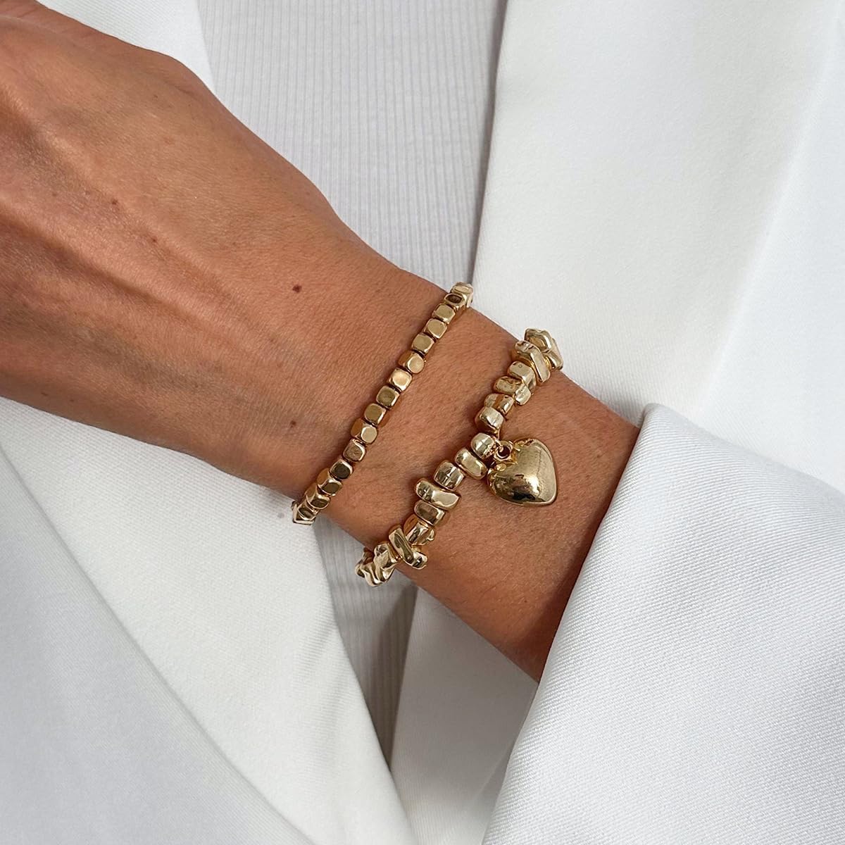 CXENSJH Gold Beaded Stretch Bracelets for Women Stackable Elastic Heart Pendant Bracelet Stretch Gold Beaded Bangle Charm Jewelry - Image 3