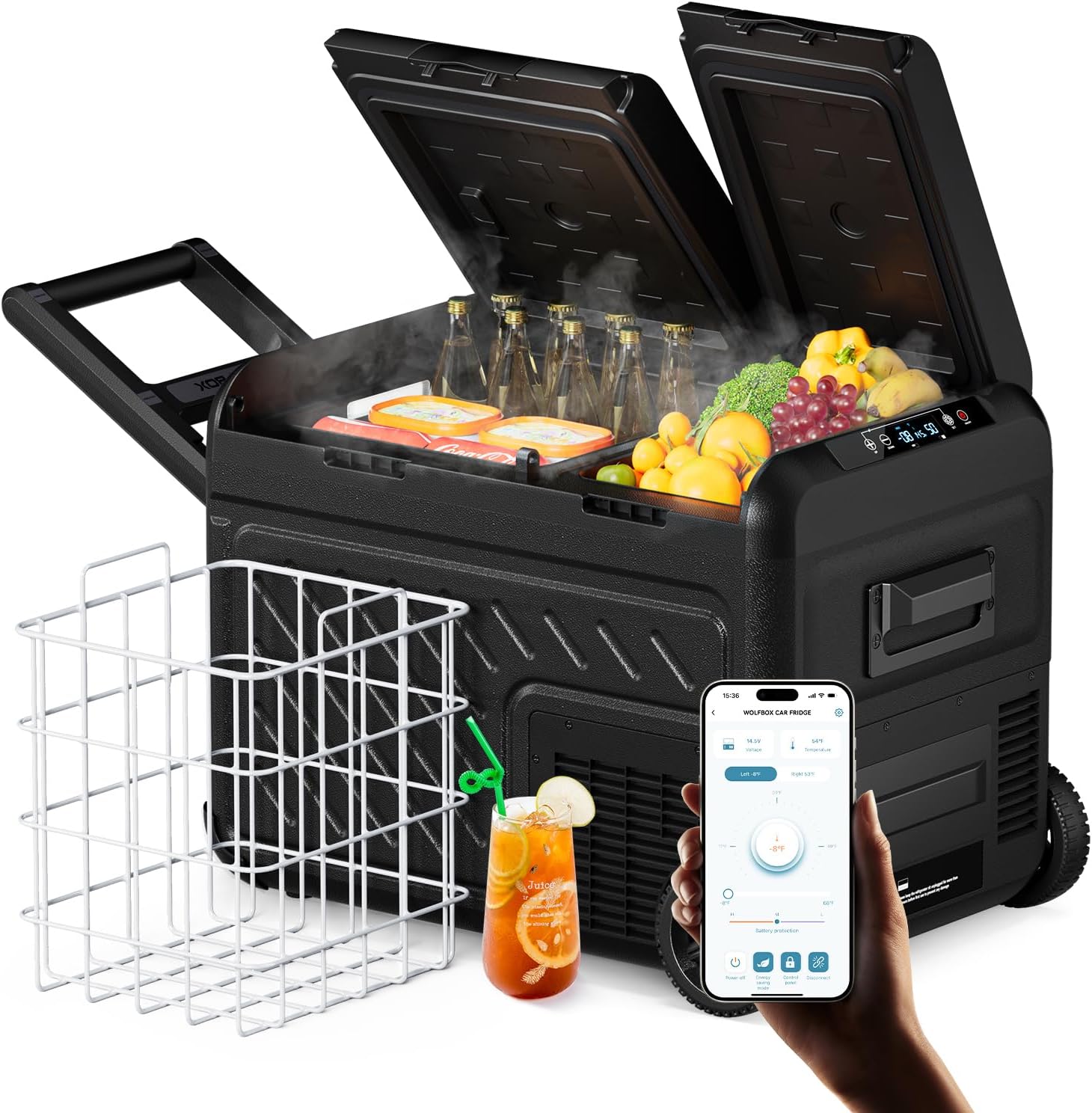 WOLFBOX 12V Car Refrigerator, 49 Quart Dual Zone Car Fridge, Portable Freezer(-8℉~68℉) with 12/24V DC 100/240V AC, APP Control Electric Cooler for Car, RV, Camping, Travel and Home Use