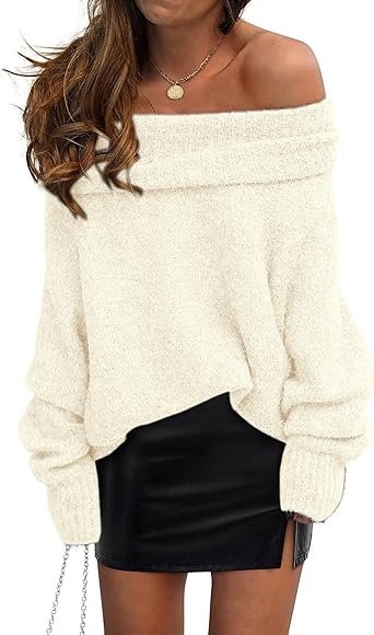PRETTYGARDEN Women's Off The Shoulder Sweater Long Sleeve Tops 2025 Fall Loose Knit Pullover Sweaters Winter Clothes