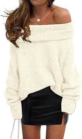 PRETTYGARDEN Women's Off The Shoulder Sweater Long Sleeve Tops 2025 Fall Loose Knit Pullover Sweaters Winter Clothes