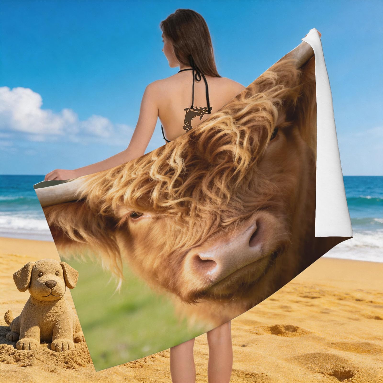 Leichong 3D Highland Cow Pattern Beach Towel Microfiber Soft Quick Dry for Adults, Wild Animal Bath Towel Lightweight Soft Absorbent for Travel Swimming Pool Sports, 75 x 150 cm
