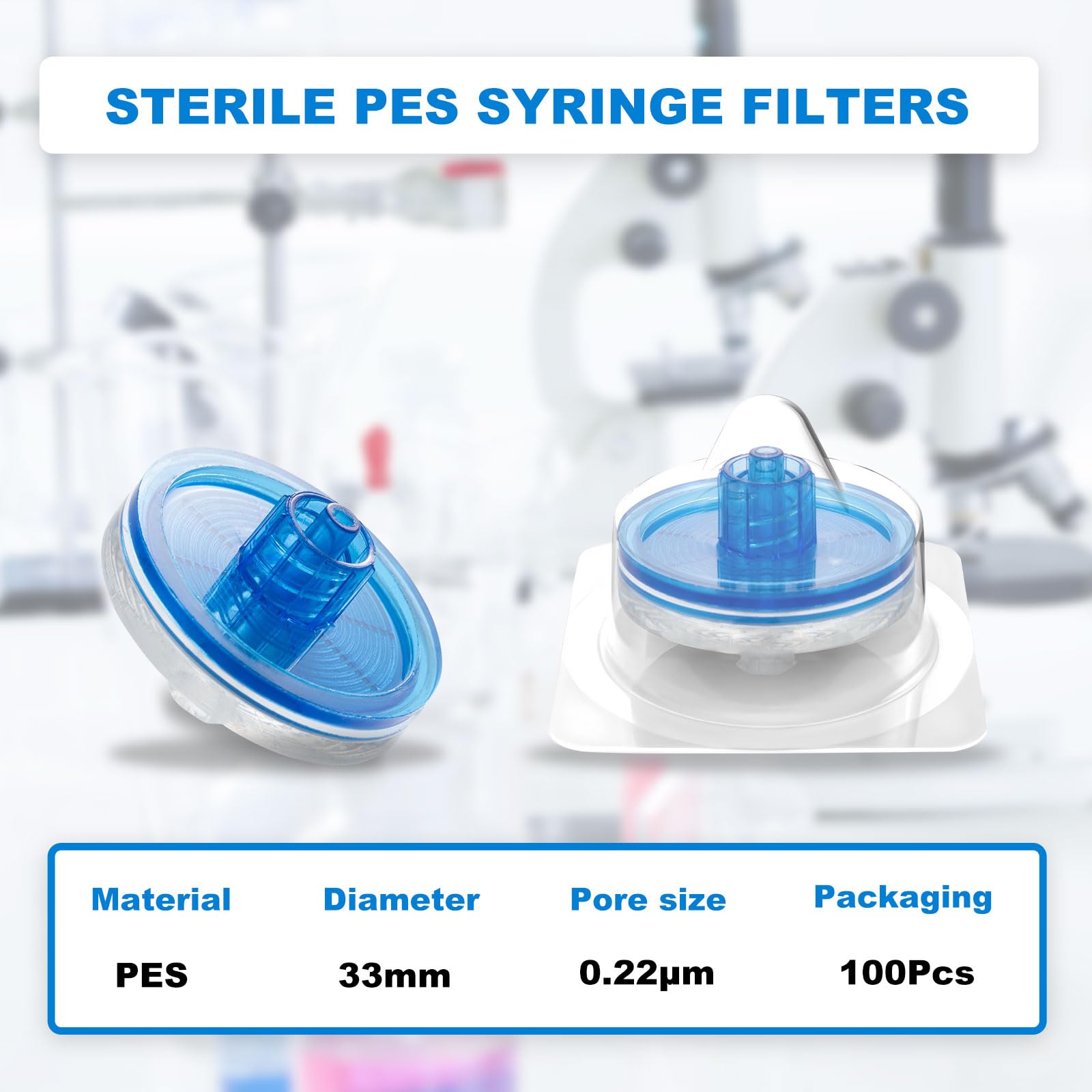 100 filtros de laboratorio de jeringa, filtros hidrófilos PES estériles, tamaño de poro de 0,22 um, diámetro de membrana de 33 mm para laboratorio científico biométrico, empaquetado