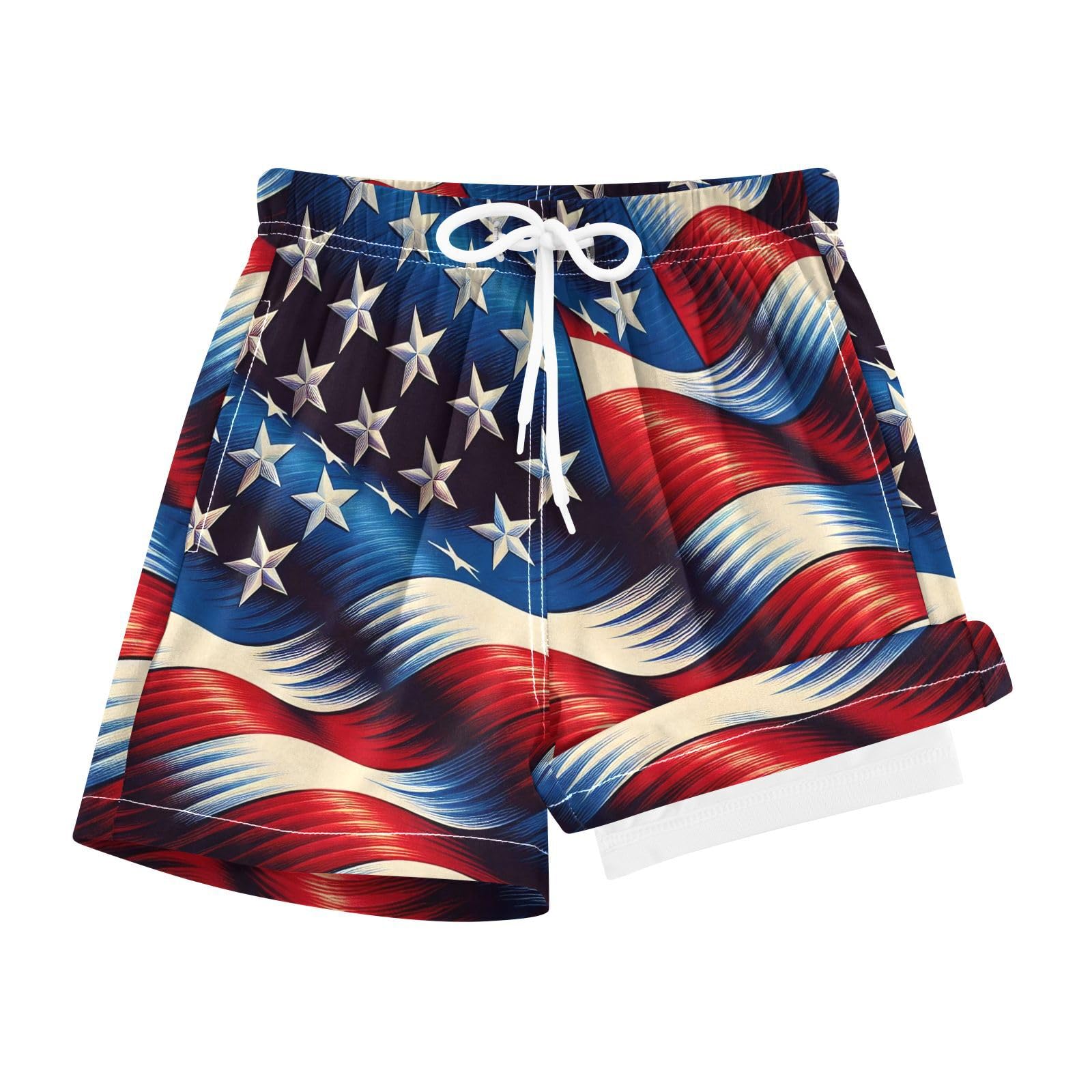 YANENDIE Boy Swim Trunks with Compression Liner Stars and Stripes Boys Swim Shorts Quick Dry Beach Shorts
