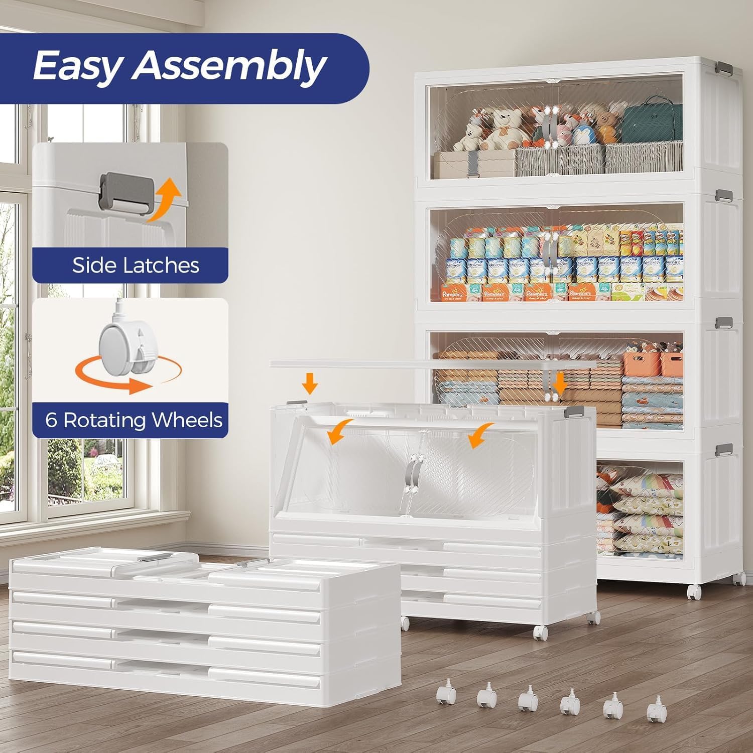 960QT Extra Large Stackable Storage Bins with Lid, 240Gal Plastic Closet Organizers and Storage Drawer, Collapsible Cabinet Box with Wheels Clear Doors for Home Kitchen Office, 4Pack White