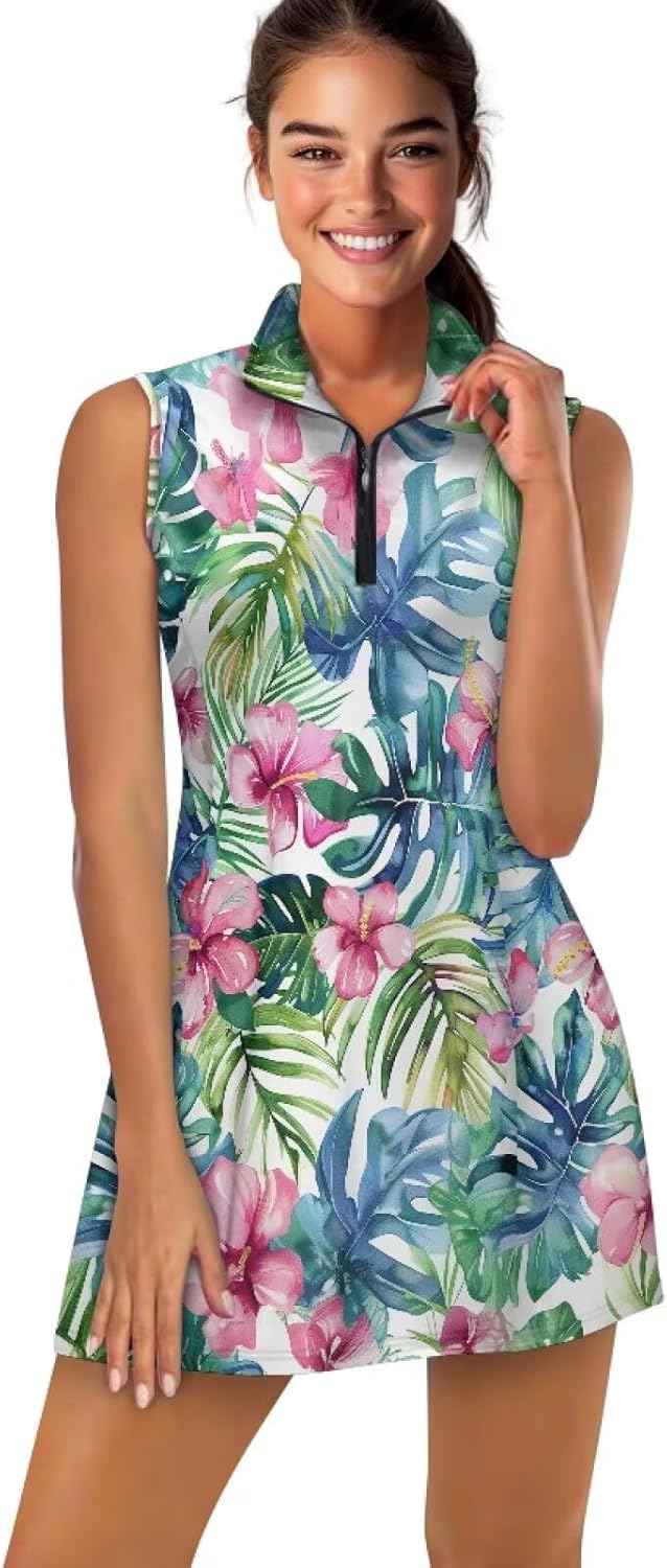 Gomyblomy Tennis Golf Dresses for Women with Built-in Shorts Zipper V-Neck Sleeveless Workout Athletic Dress with Pocket