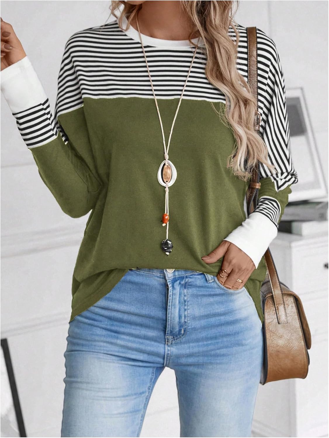 WDIRARA Women's Striped T Shirts Color Block Long Sleeve Crew Neck Tees Casual Tops - Image 3