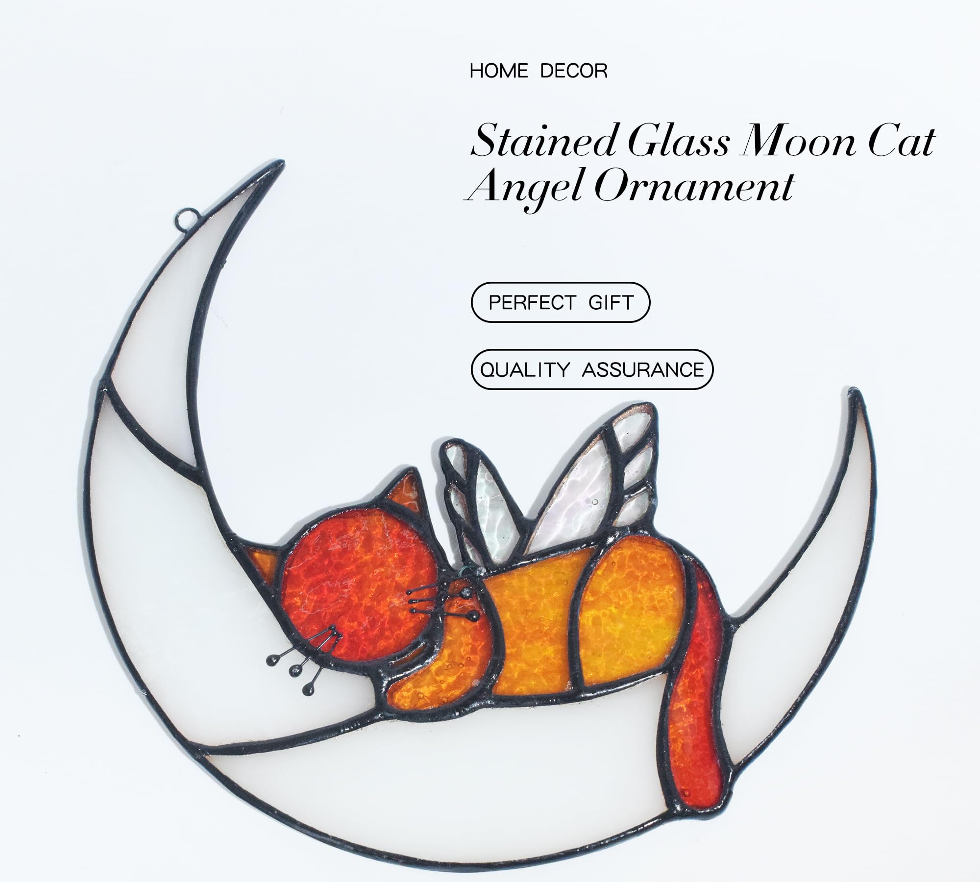 Velasyart Sleeping Cat With Rainbow Wing On Moon Stained Glass Window Hanging, Angel Memorial Gift, Black Grey Orange Suncatcher, Cat Lover Gift (Orange)