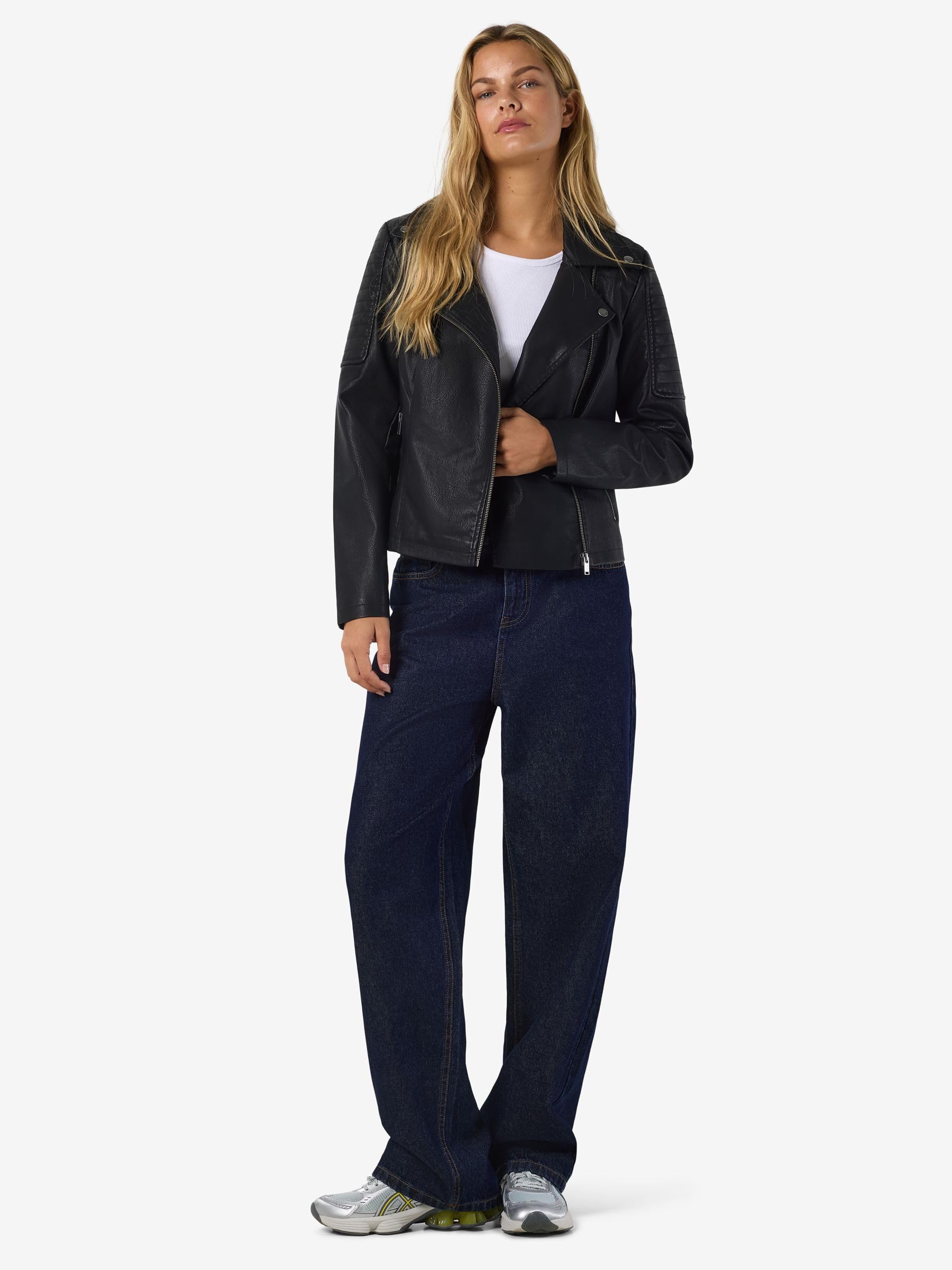 NOISY MAY Veste en Simili Cuir pour Femme Veste de Motard Veste de Transition Manches Longues Chemise Veste en PU NMREBEL