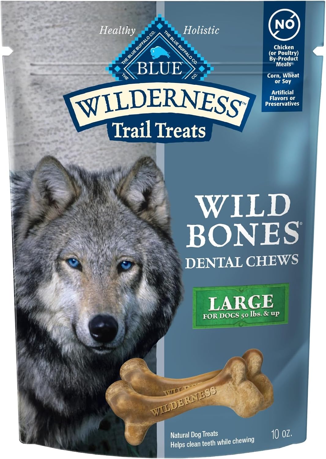 Blue Buffalo Wilderness Trail Treats Wild Bones Large Dental Chews, Grain-Free Dog Bones for Large Dogs Made with Natural Ingredients, 10-oz Bag (Pack of 6)