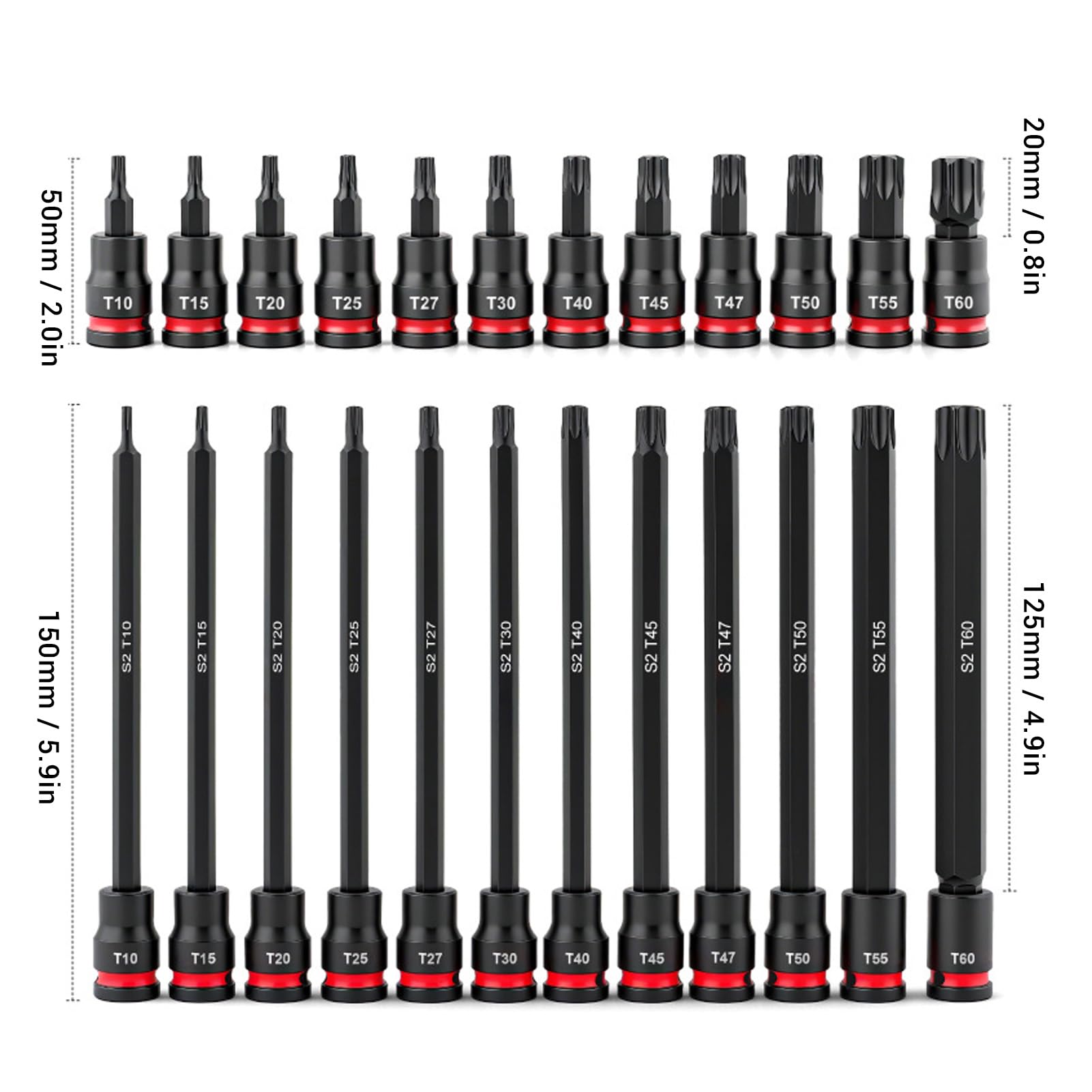 Bewinner Set di Bussole a Percussione da 3/8 Pollici, 24 Bussole a Stella in Acciaio Legato S2 T10-T60, 2 Pollici e 6, Extra Lunghe con Scatola Stampata a Soffiaggio, Set di Punte a Percussione in
