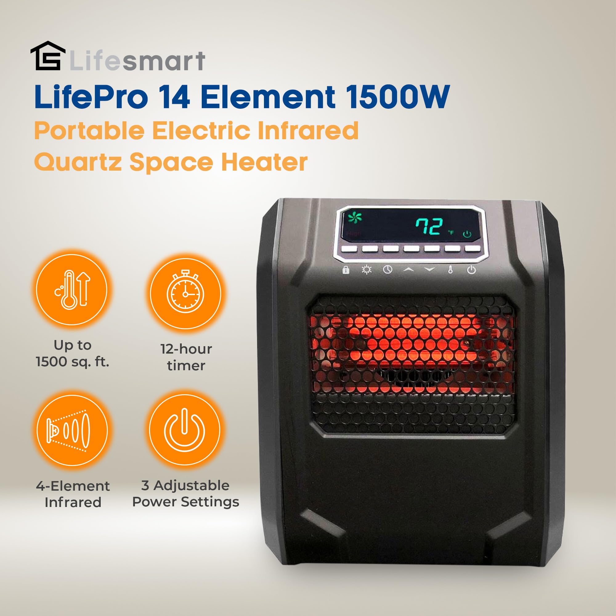 LifeSmart Infrared Quarts Space Heater, 1500 Watt 4 Element Portable Electric Heater, Black