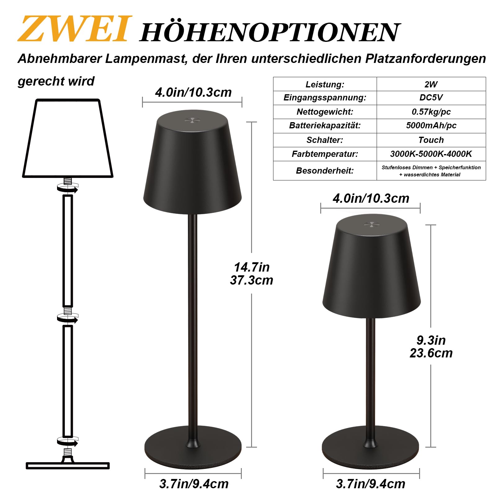 Tischlampe Kabellos 2er Set, Akku LED Tischleuchte, Nachttischlampe Touch Dimmbar mit 3 Farbtemperatur, Tischlampe mit USB-C Aufladbar für Outdoor Nachttisch Esstisch Camping(Schwarz)