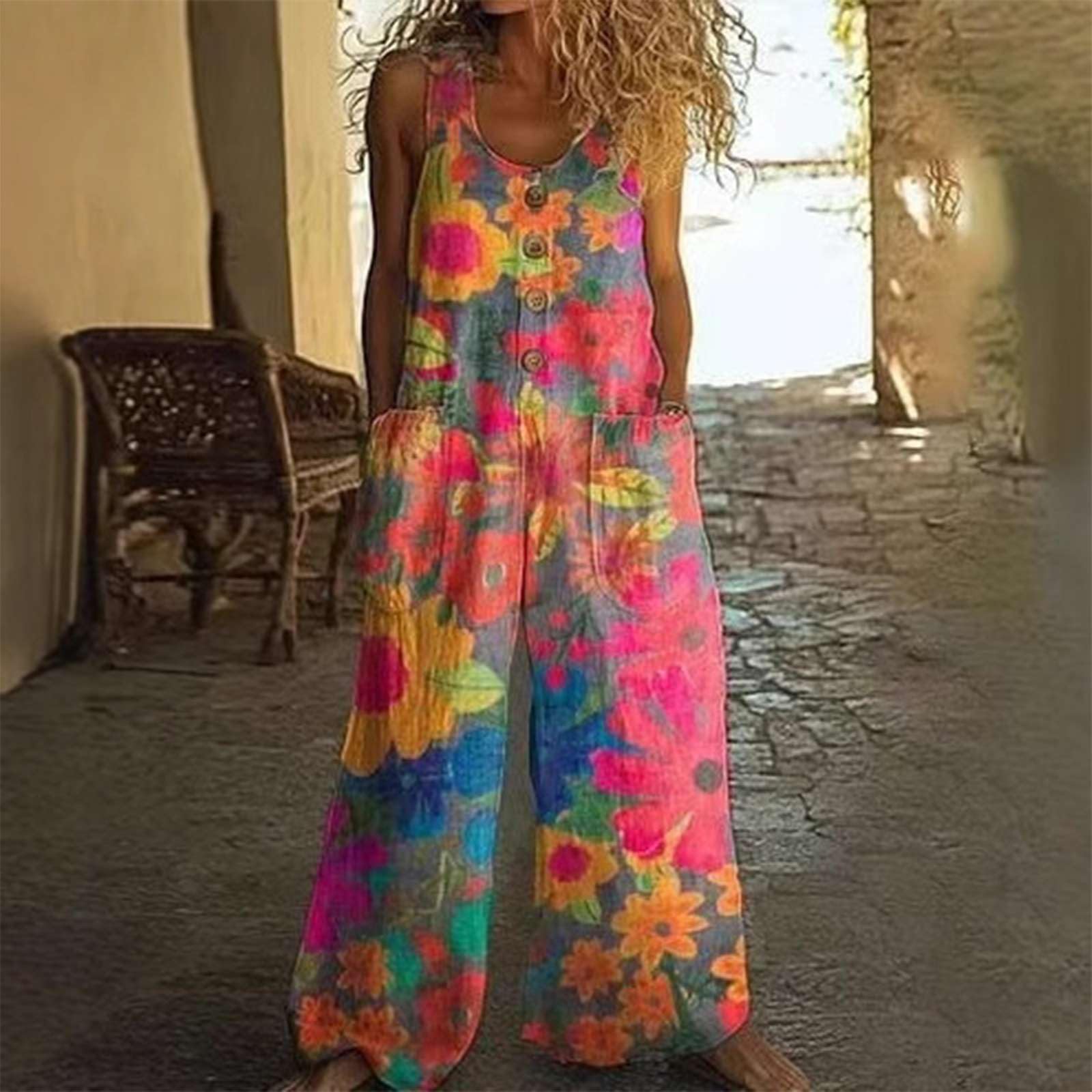 Salopette Donna Estiva, Tuta Intera Elegante Lino e Cotone Stampa Boho Chic, Jumpsuit Senza Maniche Baggy a Gamba Larga, Tute Comoda con Tasche per Mare Vacanze e Tempo Libero