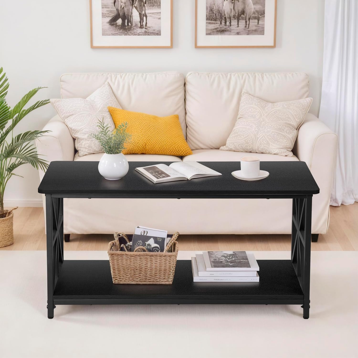 Nouva 2-Tier Farmhouse Coffee Table Modern Rectangular Dining Center Table w Storage Shelf Steel Frame for Living Room